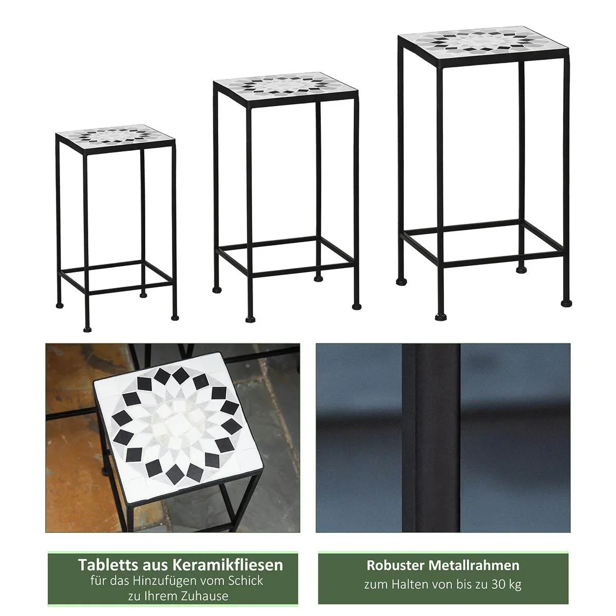 Blumenständer 3er Set aus Metall keramische Fliesen Stapelbar Pflanzenhocker für Blumentopf Schwarz+Weiß - 2