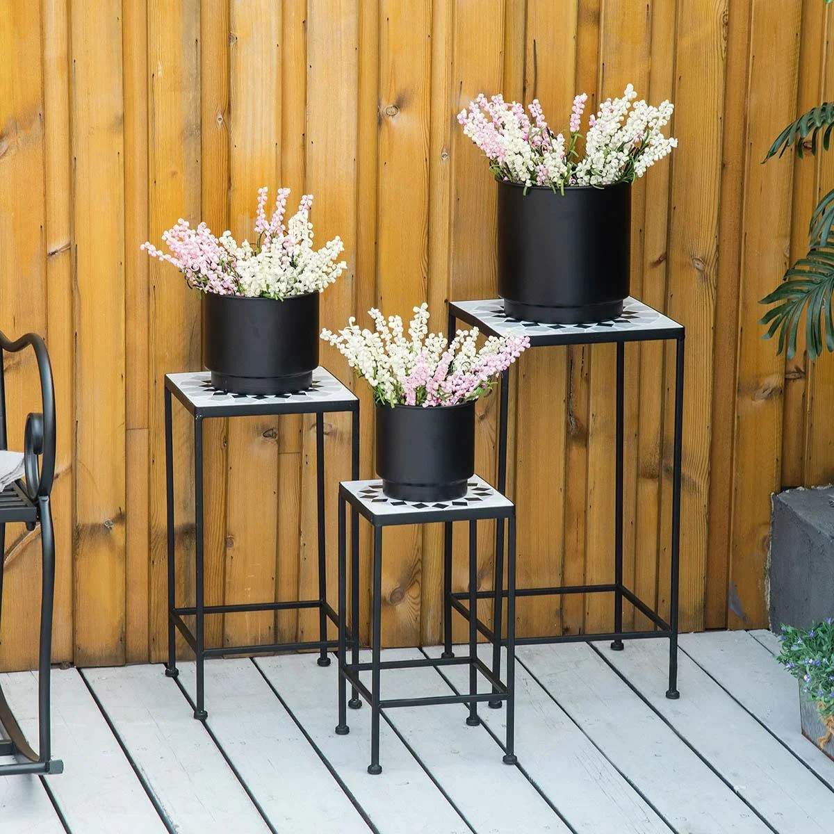 Blumenständer 3er Set aus Metall keramische Fliesen Stapelbar Pflanzenhocker für Blumentopf Schwarz+Weiß - 3