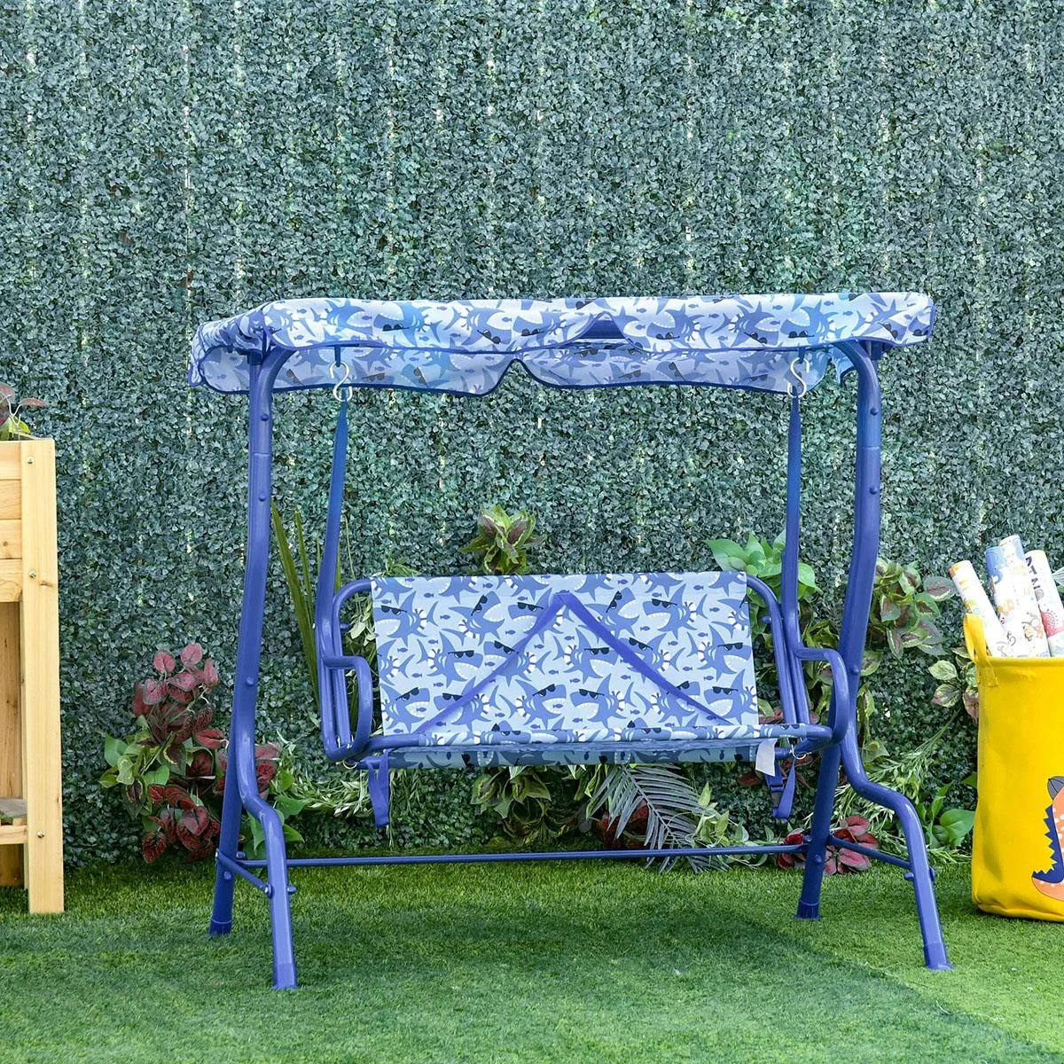 Kinder Hollywoodschaukel Kinderschaukel mit Sonnendach 2-Sitzer Gartenschaukel für 3-6 Jahre Metall Blau 110L x 70B x 11 - 1