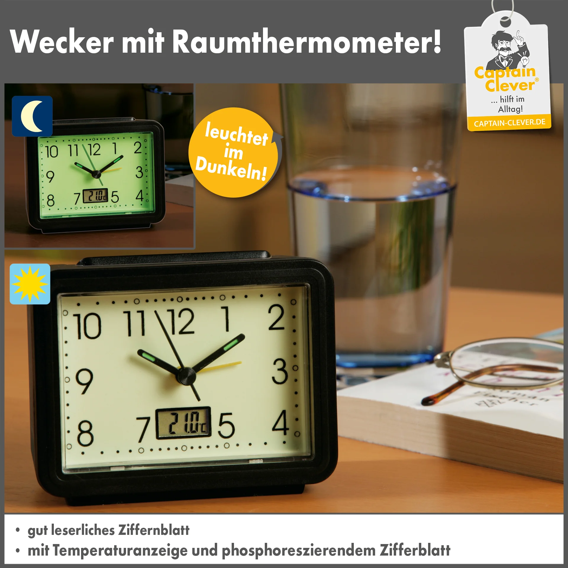 Wecker leuchtend, mit Temperaturanzeige, rechteckig - 1