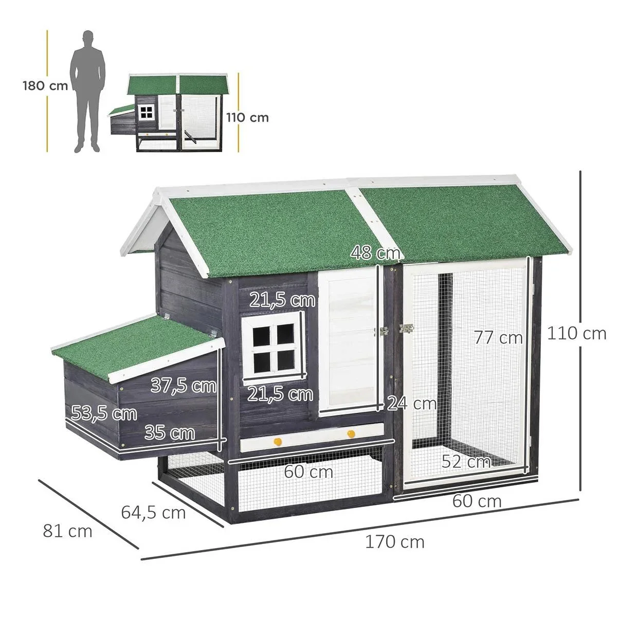 Hühnerstall modern Hühnerhaus mit Nistkasten und einem komplett überdachter Laufstall, Grau, Tannenholz, Metalldraht, As - 0