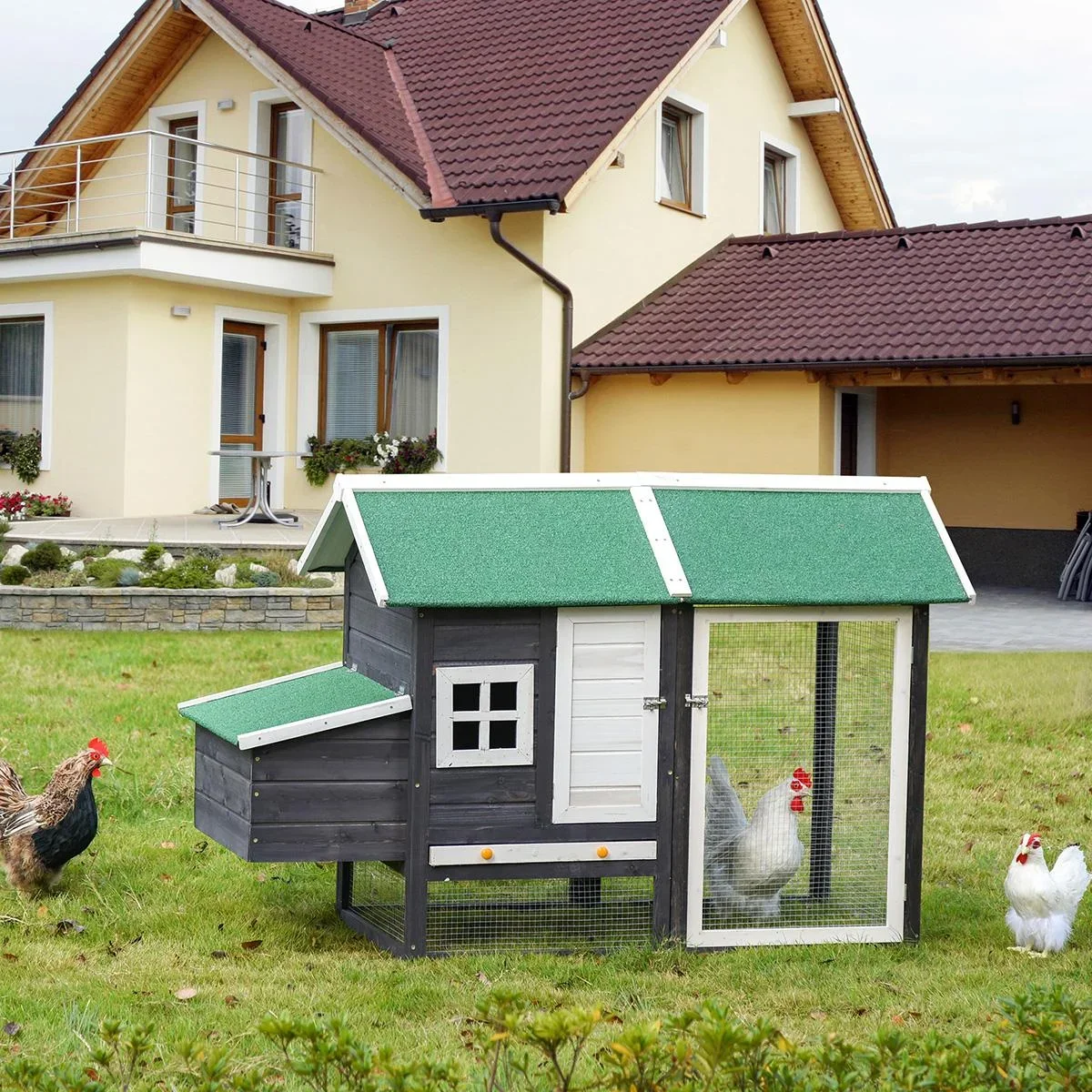 Hühnerstall modern Hühnerhaus mit Nistkasten und einem komplett überdachter Laufstall, Grau, Tannenholz, Metalldraht, As - 1