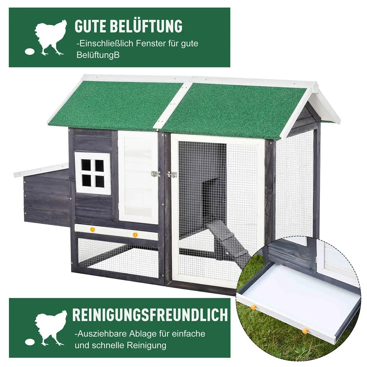 Hühnerstall modern Hühnerhaus mit Nistkasten und einem komplett überdachter Laufstall, Grau, Tannenholz, Metalldraht, As - 2