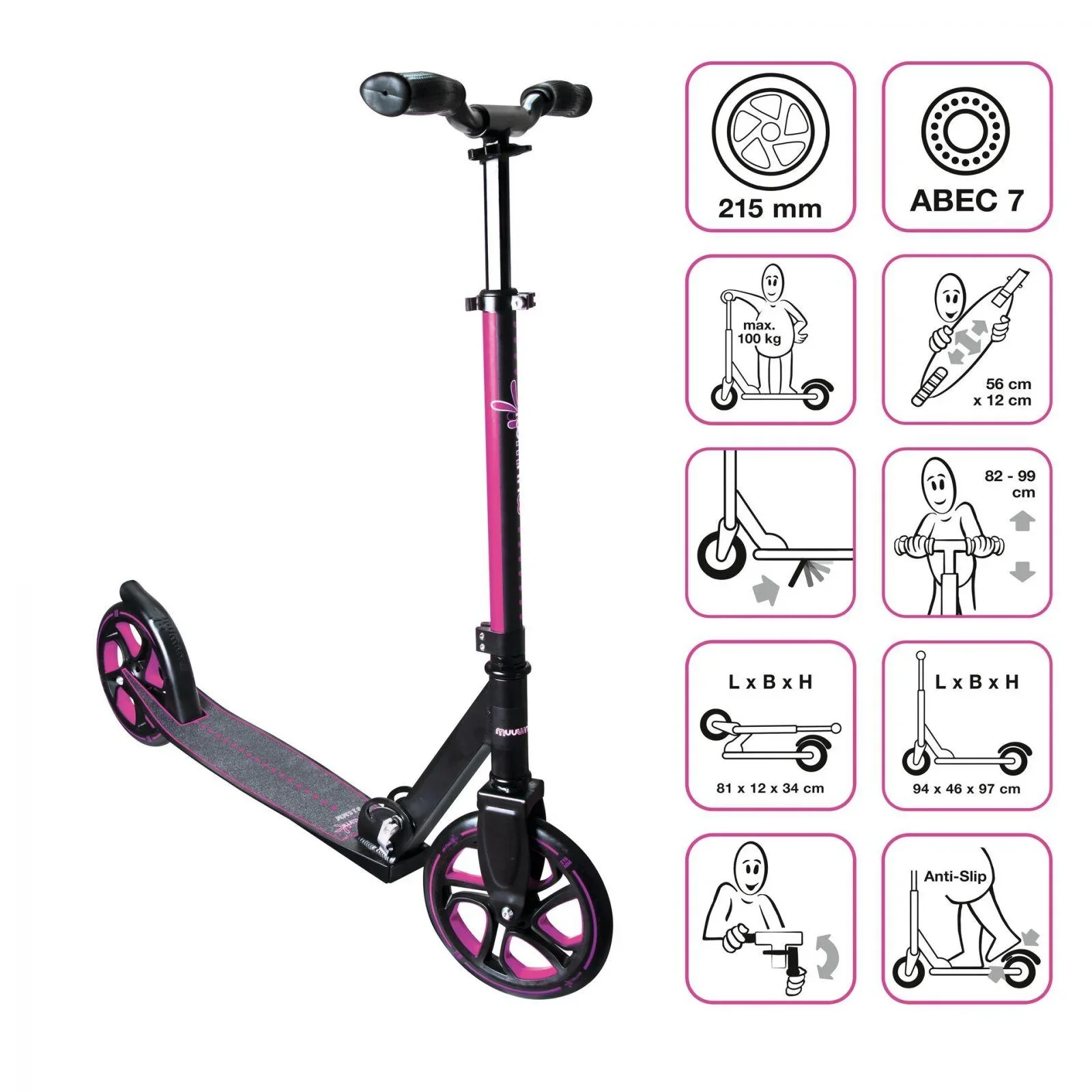 Aluminium Scooter Pro   Tretroller, 215 mm, ABEC 7, für Kinder und Erwachsene, GS-geprüft, höhenverstellbar, pink - 1