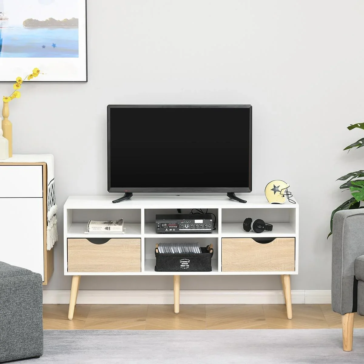 Fernsehtisch Fernsehschrank mit 2 Schublade TV-Board Spanplatte Massivholzbeine Weiß+Eiche 117 x 39 x 57 cm - 0