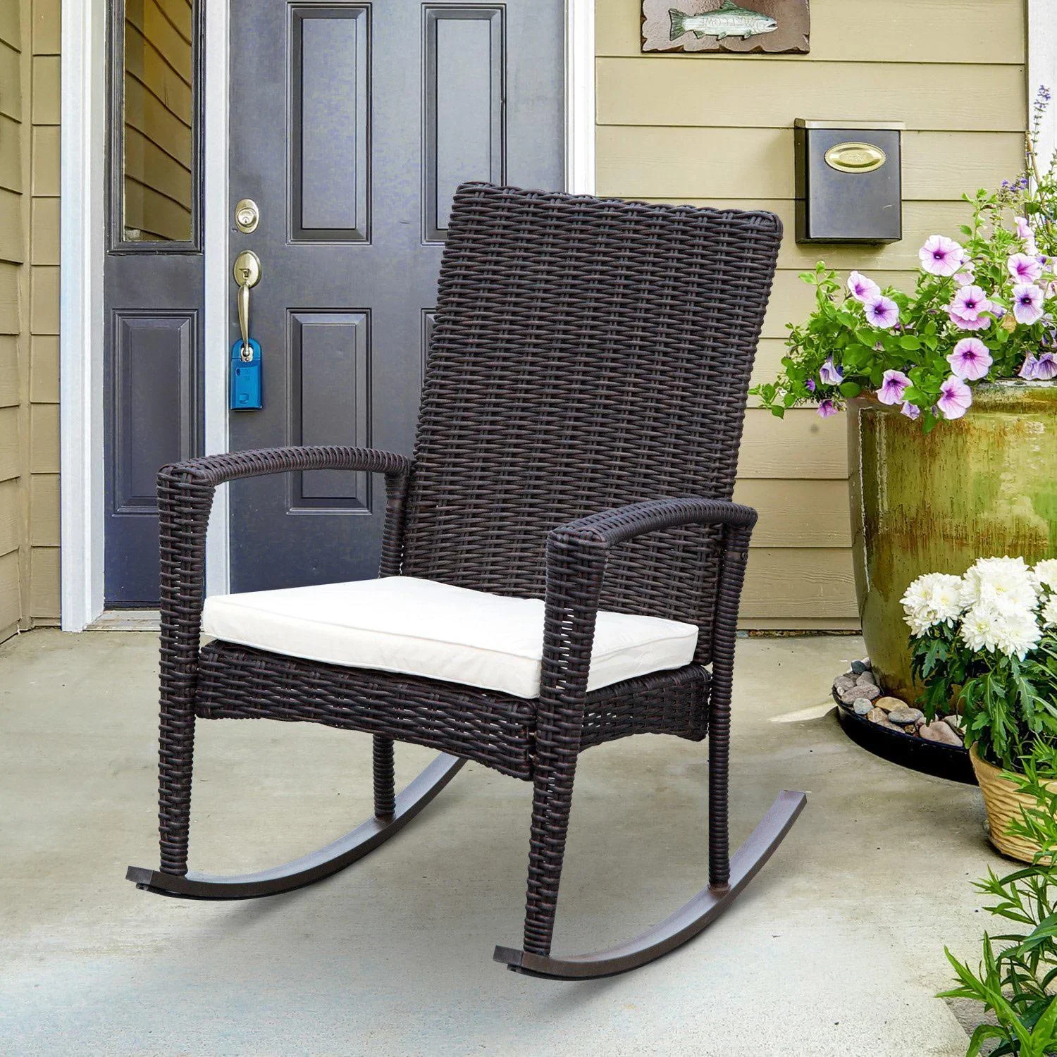Schaukelstuhl Schwingsessel Polyrattan mit Kissen Braun - 4