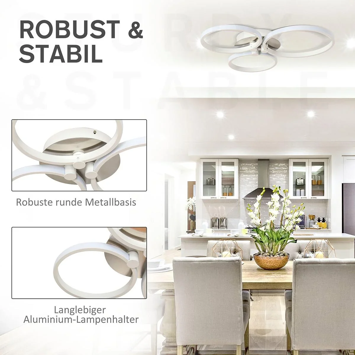 Deckenleuchte mit drei kreisförmigen Lampenbändern silber/weiß - 5