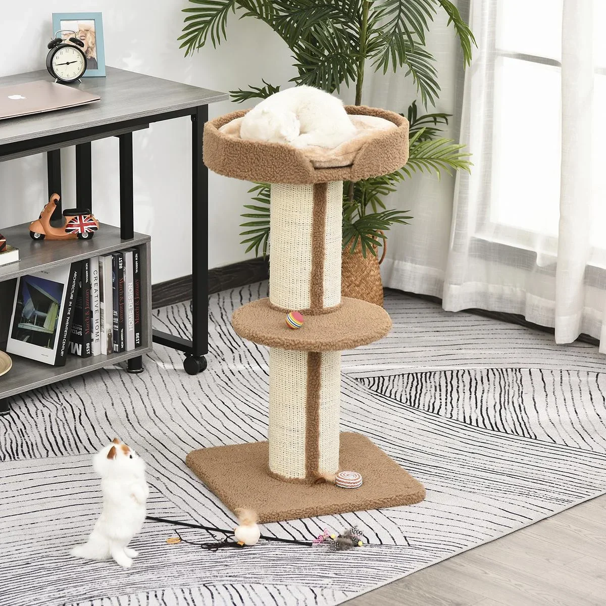Katzenbaum Spielbaum Kratzstamm mit Plattform Sisal E1 Spanplatte Plüsch Hellbraun 45 x 45 x 91 cm - 1