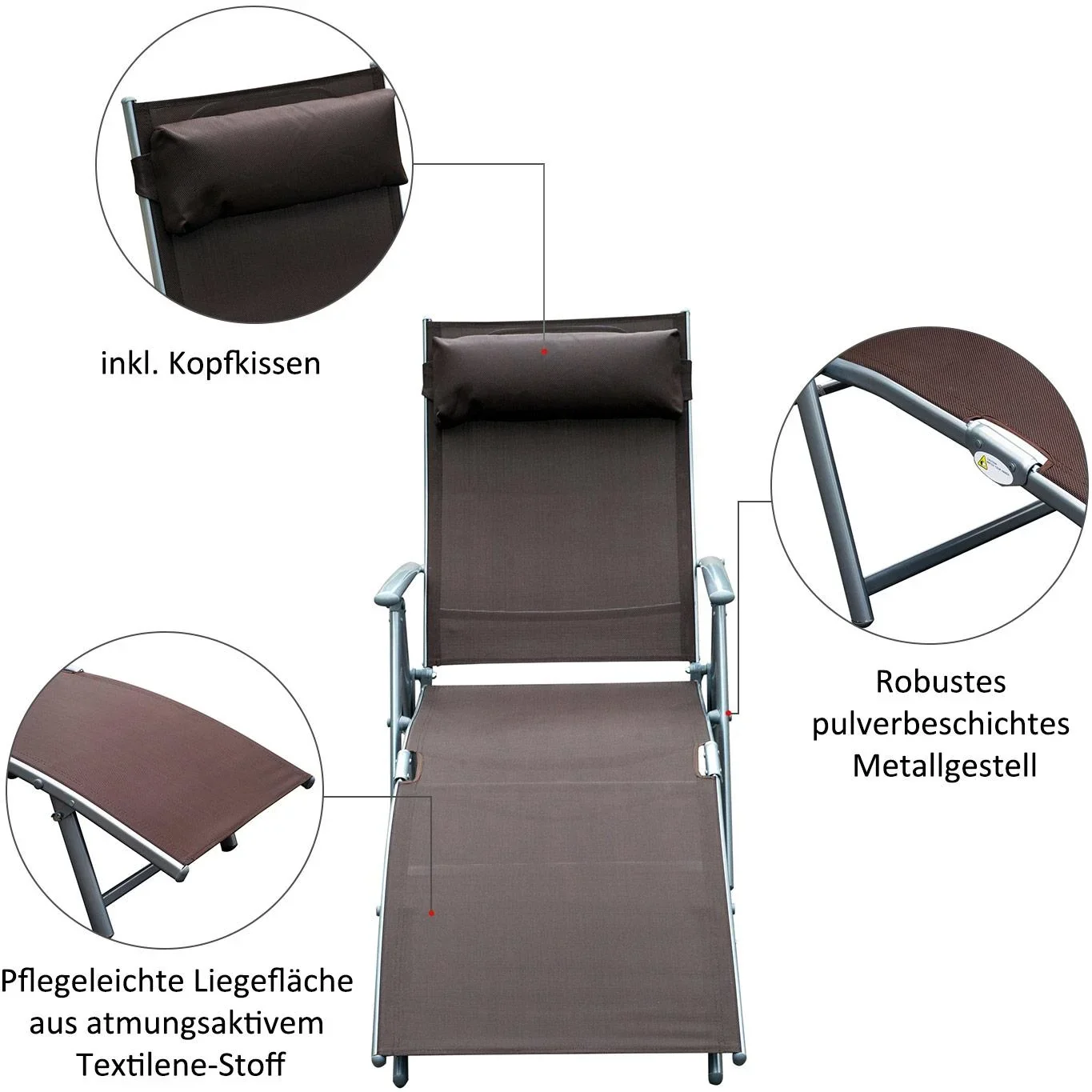 Sonnenliege Strandliege Gartenliege Relaxliege klappbar mit Kissen Braun 137 x 63,5 x 100,5 cm - 1