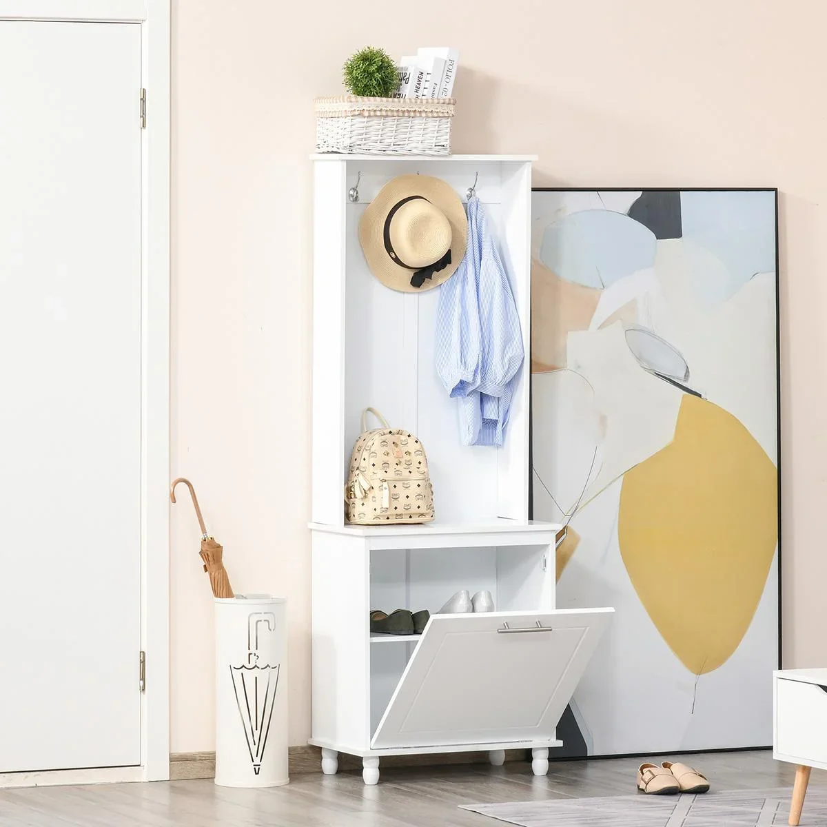 Garderobenständer Kleiderständer mit 3 Haken 4 Einlegeböden Schuhen Taschen Mäntel 2 in 1 Flur Wohnzimmer Weiß 60 x 35 x - 0