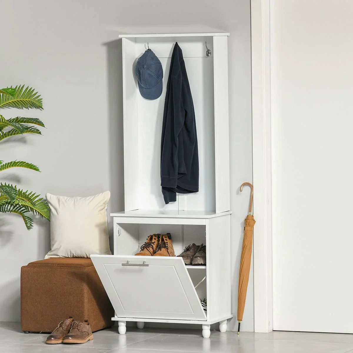 Garderobenständer Kleiderständer mit 3 Haken 4 Einlegeböden Schuhen Taschen Mäntel 2 in 1 Flur Wohnzimmer Weiß 60 x 35 x - 1