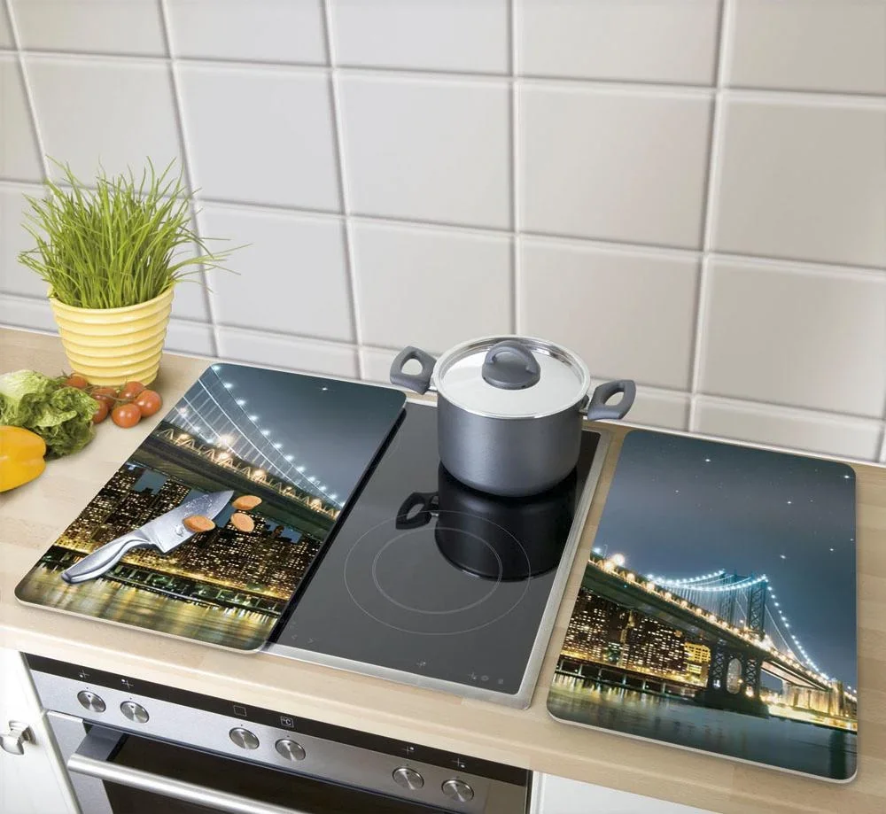 3 in 1 Herd-Abdeckplatten, Schneidbretter, Arbeitsplatten, Glas, Brooklyn Bridge-Design, je 52 x 30 cm, 2er-Set - 6