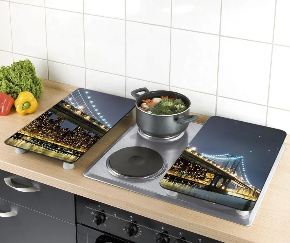 3 in 1 Herd-Abdeckplatten, Schneidbretter, Arbeitsplatten, Glas, Brooklyn Bridge-Design, je 52 x 30 cm, 2er-Set - 7