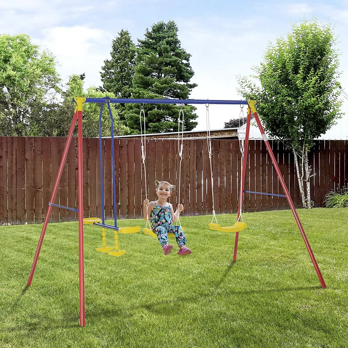 Kinderschaukel Gartenschaukel Schaukelgerüst 2 Schaukeln mit Wippe höhenverstellbar Metallgestell 3-5 Jahre - 0