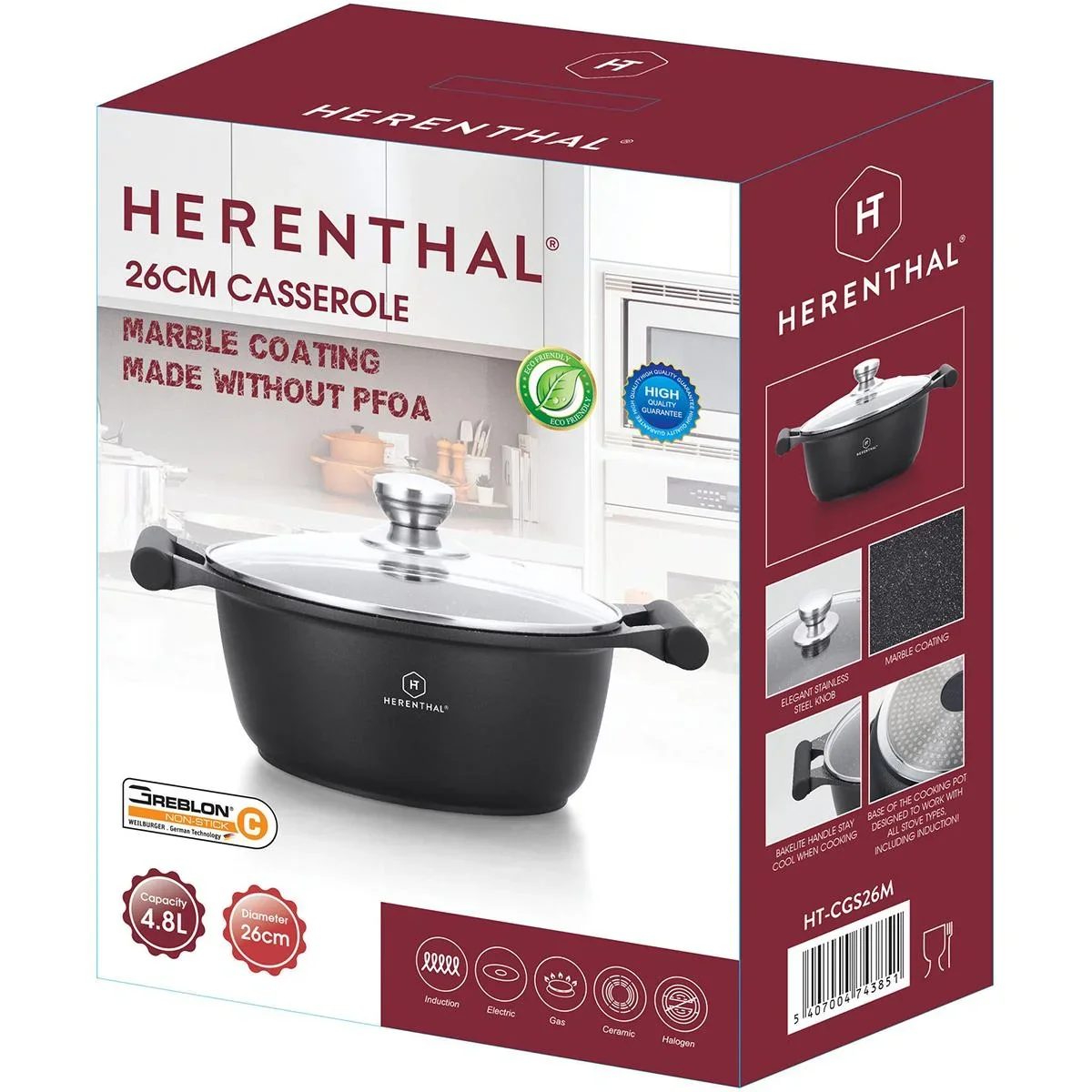 Herenthal Bratpfanne - Marmorbeschichtung - Mit Glasdeckel- 26cm - 0