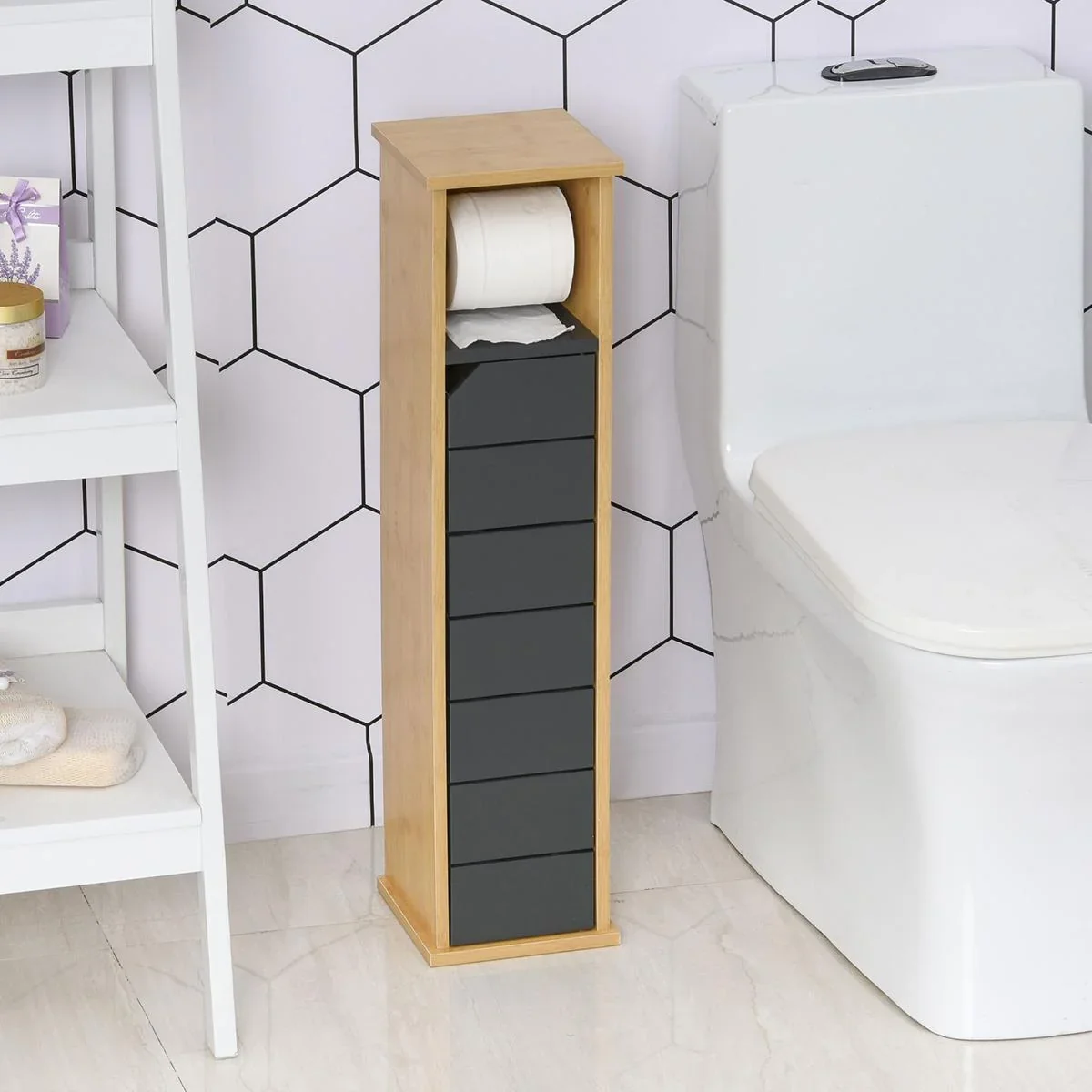 Badezimmerschrank Badschrank Bambus Grau - 0