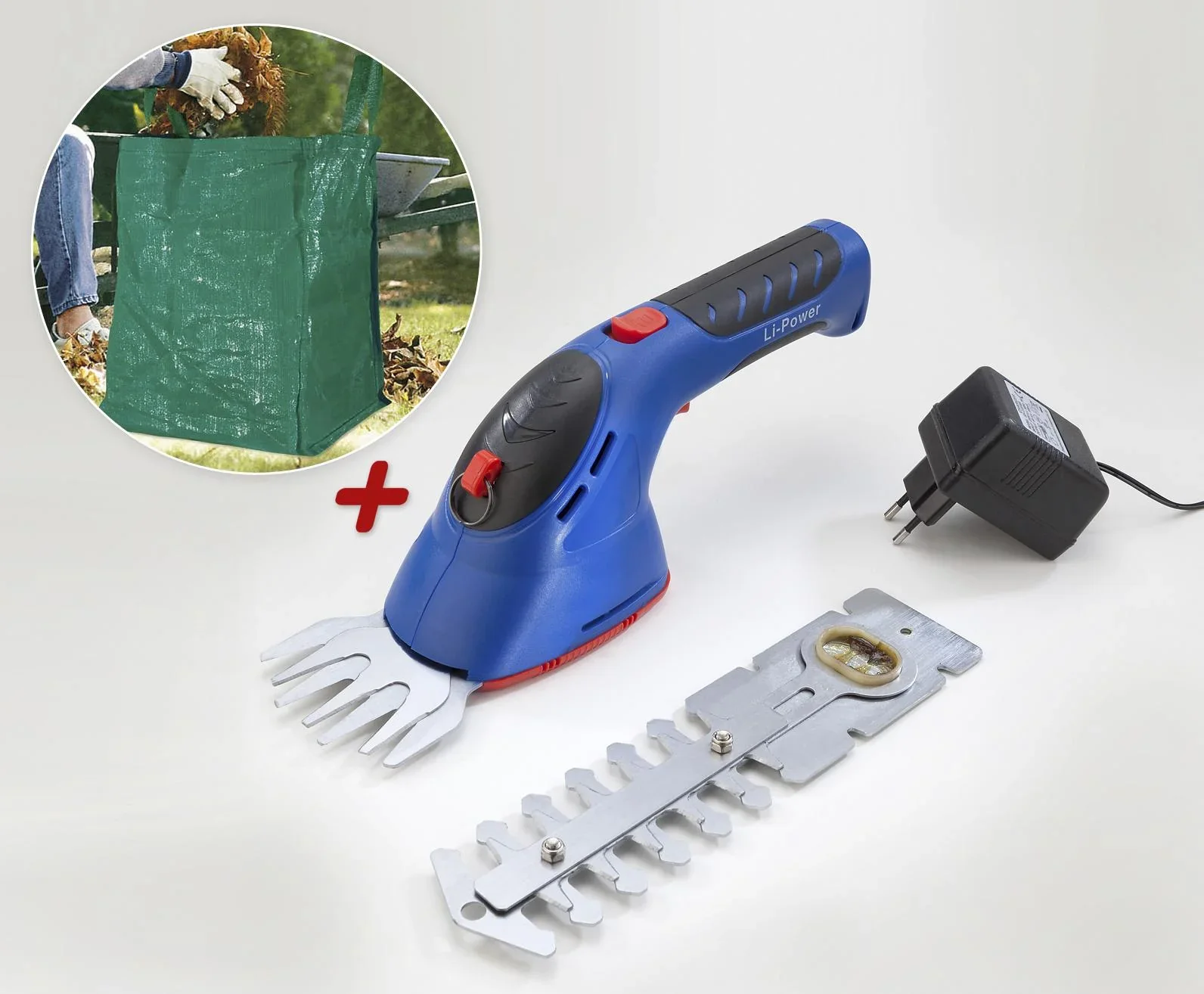 Akku Gras- und Strauchschere mit Li-Ionen Akku 3,6 Volt + Gartensack, 80 l - 0