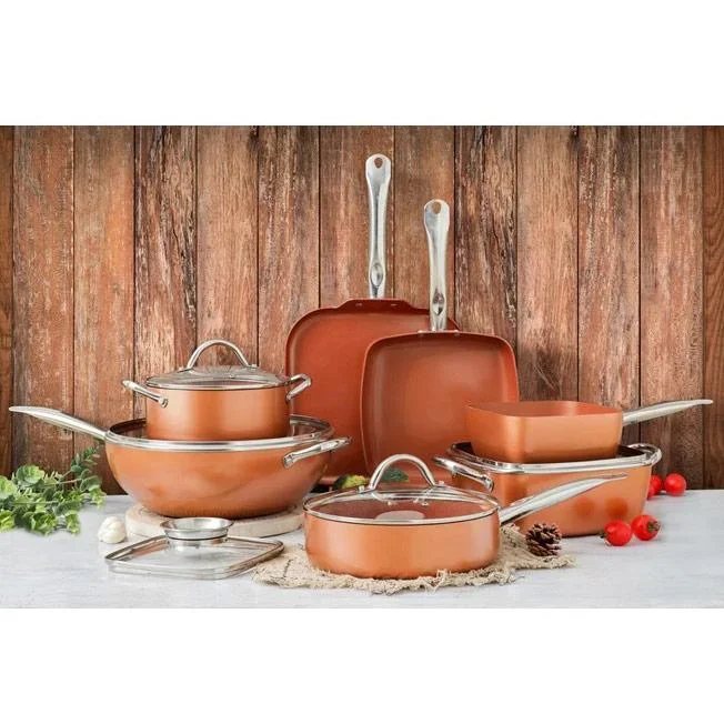 L 12-teiliges Kochgeschirr-Set - inklusive Deckel - Wokpfanne, Stieltopf, Grillpfanne, Bratpfanne - Kupfer - Aluminiumg - 4