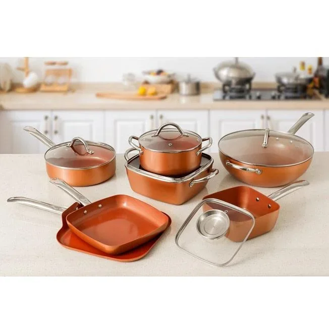 L 12-teiliges Kochgeschirr-Set - inklusive Deckel - Wokpfanne, Stieltopf, Grillpfanne, Bratpfanne - Kupfer - Aluminiumg - 7