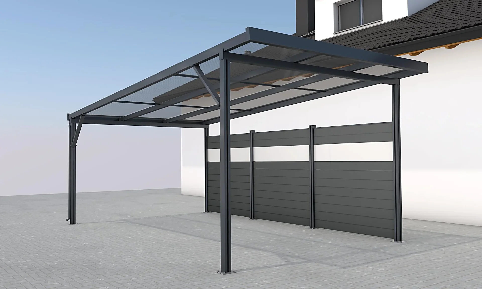 Seitenwand für Carports, anthrazit, 5,82 x 1,86 m, WPC Dielen dunkelgrau / PC Paneele klar - 1
