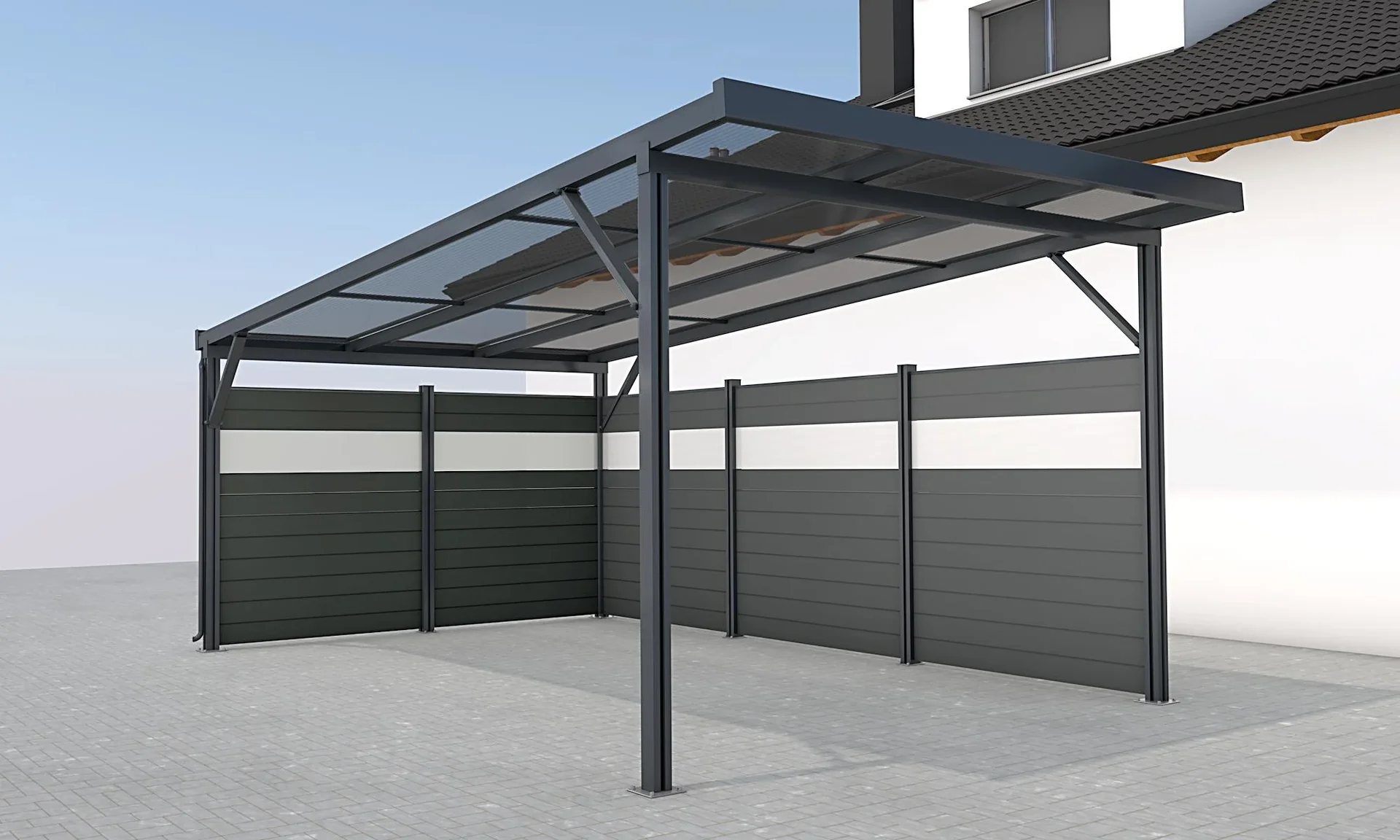 Seitenwand für Carports, anthrazit, 5,82 x 1,86 m, WPC Dielen dunkelgrau / PC Paneele klar - 2
