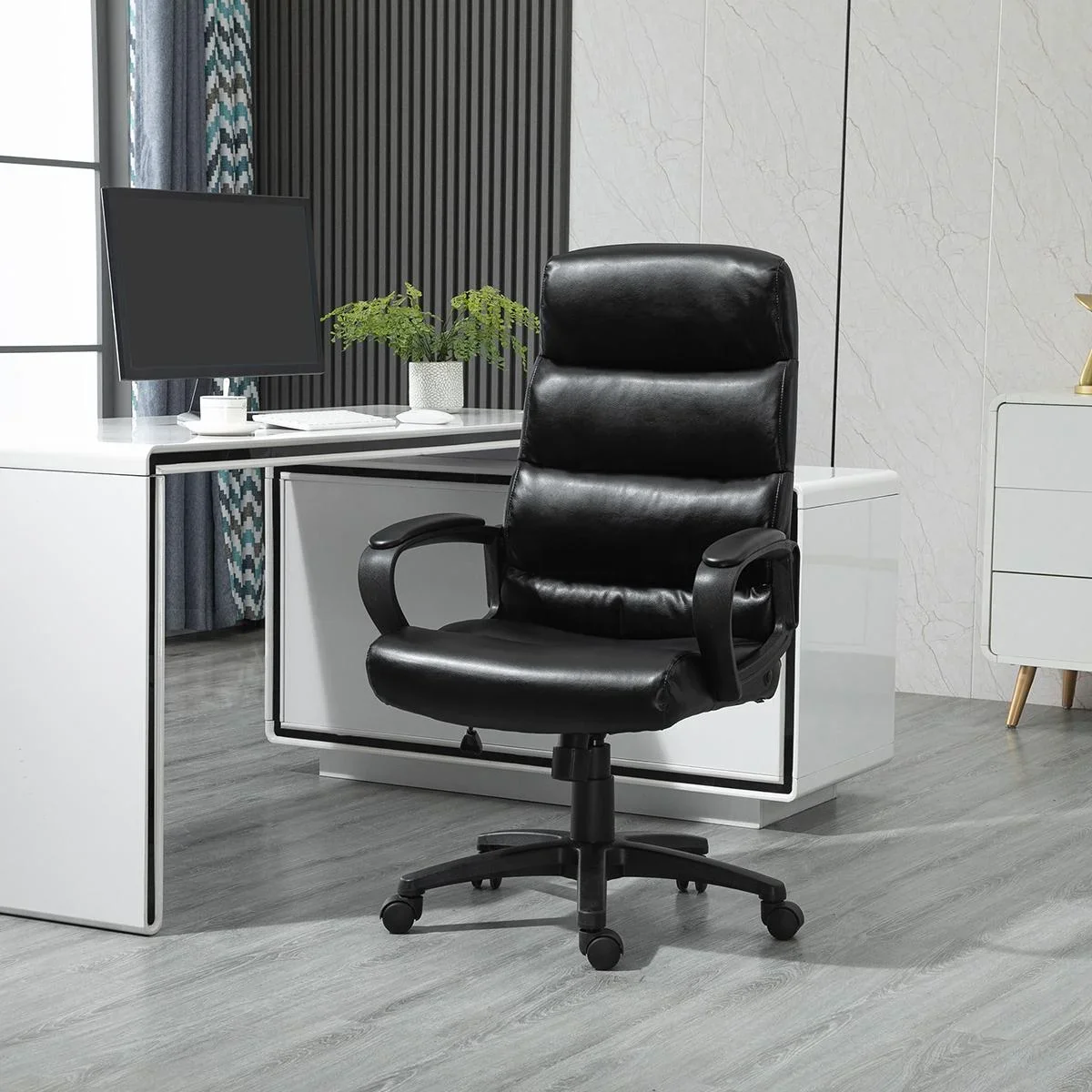 Bürostuhl Drehstuhl mit Rückenlehne Bürosessel Höhenverstellbar PU-kunststoff Schaumstoff Nylon Schwarz 66 x 66 x 107-11 - 1
