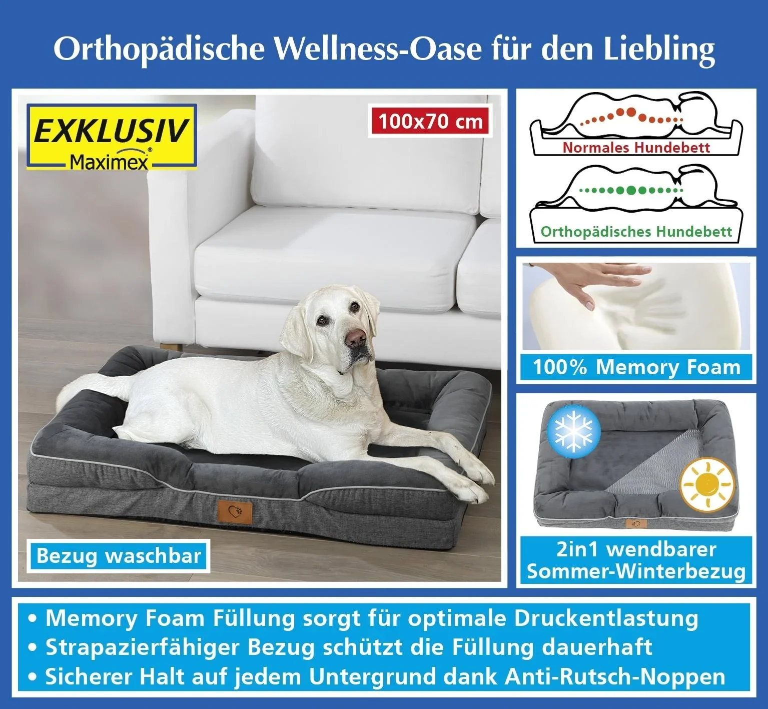 Orthopädisches Hundebett, Grau, Größe L, 100 x 70 x 16 cm - 8