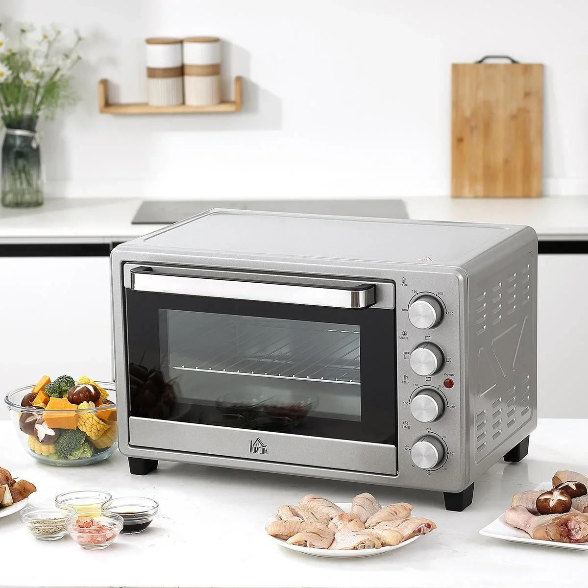 Minibackofen 32L mit Kochplatten Elektrischer Mini Ofen Drehspieß Boden mit Schlackenauffangwanne Metall Edelstahl Glas - 1