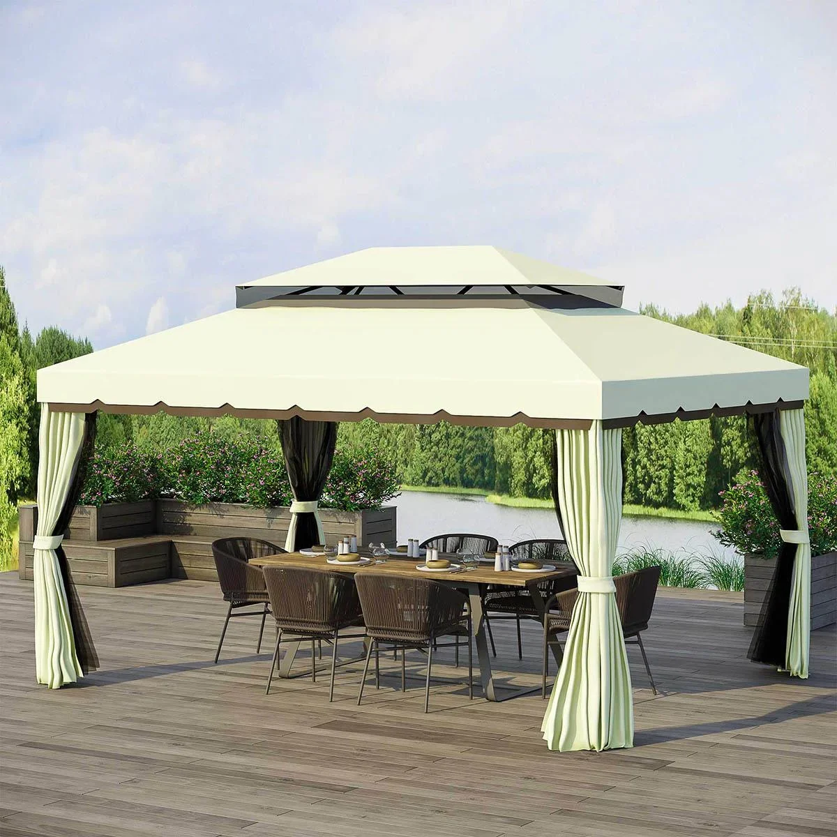 Gartenpavillon Pavillon Gartenzelt Festzelt Partyzelt mit 4 x Seitenwand wetterfest Aluminium Polyester Cremeweiß 3,9 x - 2
