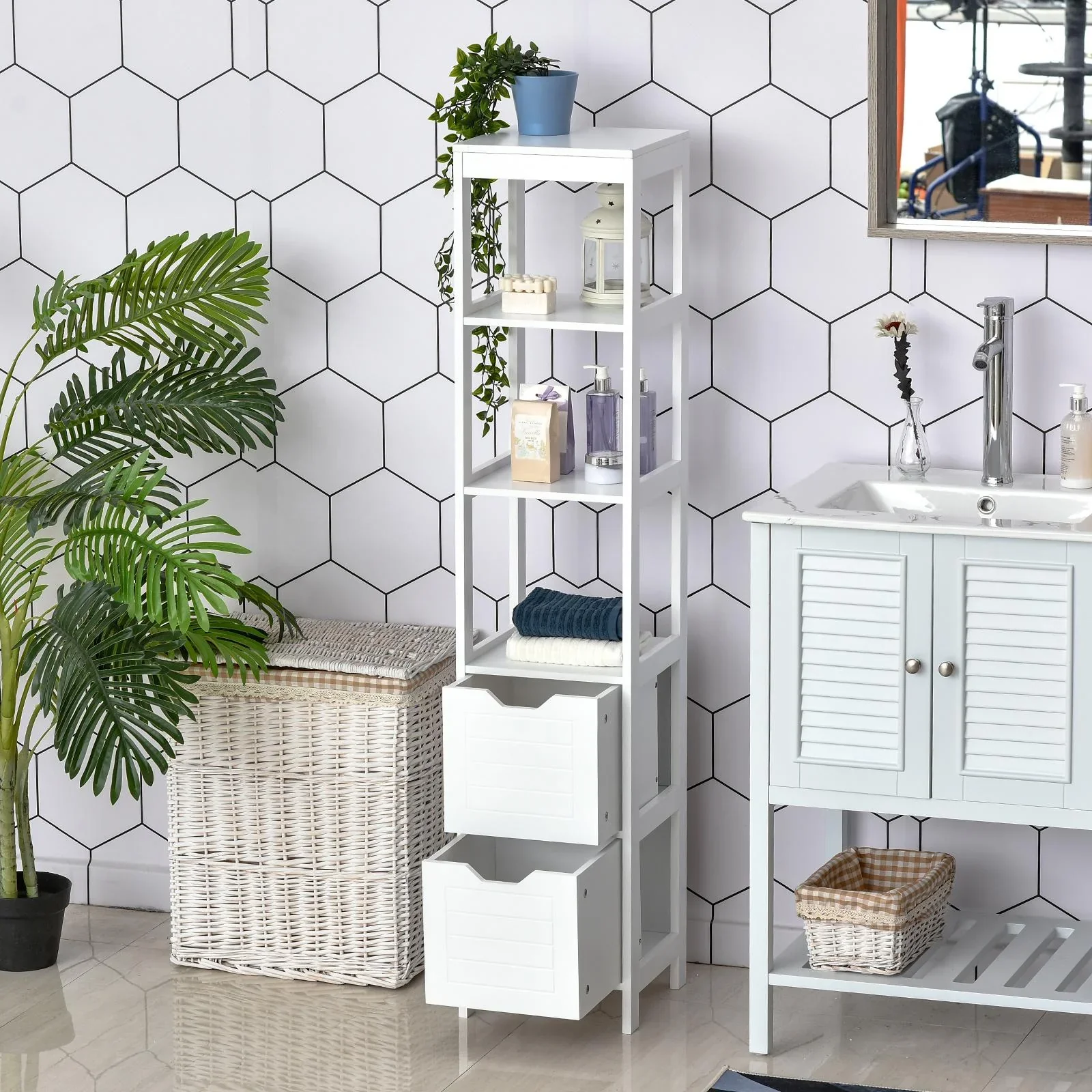 Schrank mit 2 Schubladen und 3 offenen Regalen - 0