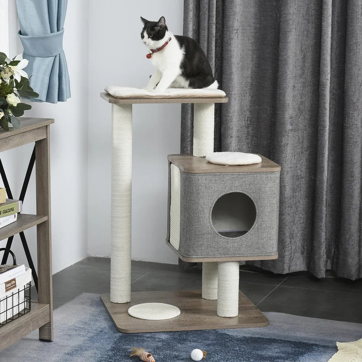 Kratzbaum mit abziehbarer Abdeckung Katzenhöhle Katzenbaum Kletterbaum für Katzen E1 MDFLeinen Jute Braun+Grau+Weiß 65 x - 1