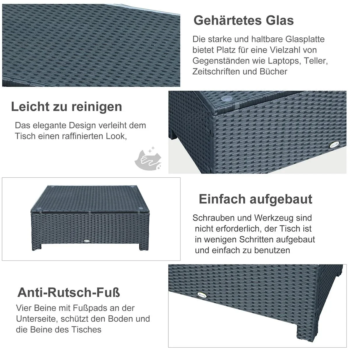 Garten Beistelltisch Couchtisch Gartentisch Balkontisch Polyrattan Schwarz 85 x 50 x 39 cm - 2