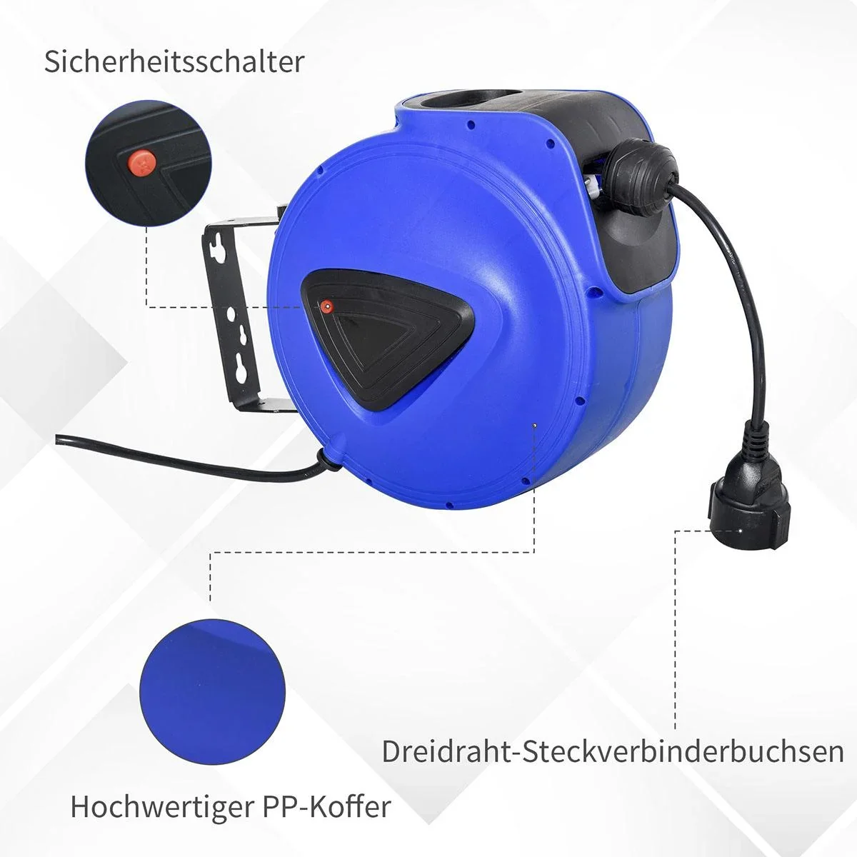 Kabeltrommel 10 m+1.3 m Leitung Automatik Kabelaufroller Outdoor Aufroll stromkabel drehbar Wandhalterung, PP, Gummi, Me - 2