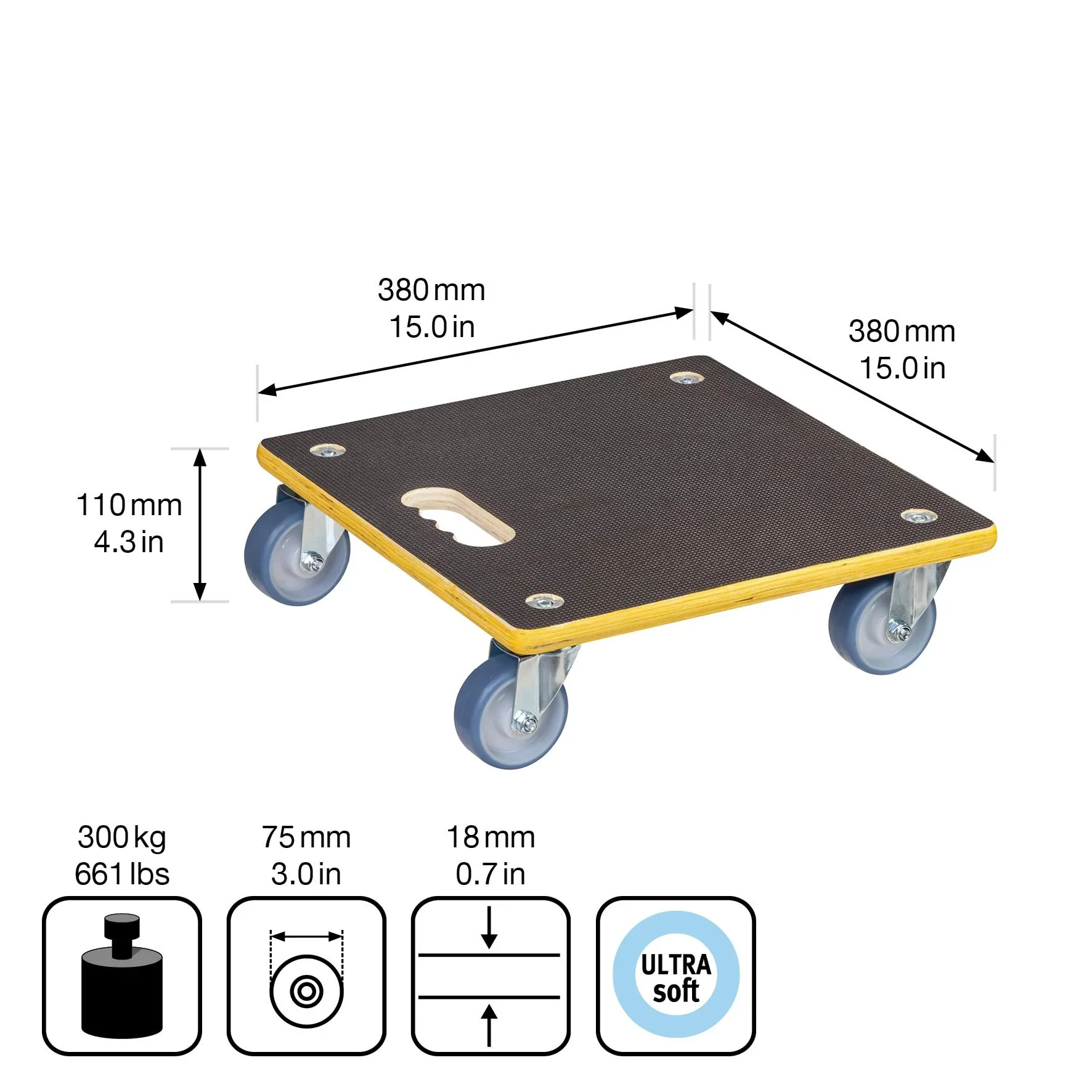 Transporthilfe MM 1340, 38 x 38 x 11 cm, harte Rollen Ø 100 mm, Rollenlager, Platte Maxigrip FSC®, Tragkraft 300 kg - 2