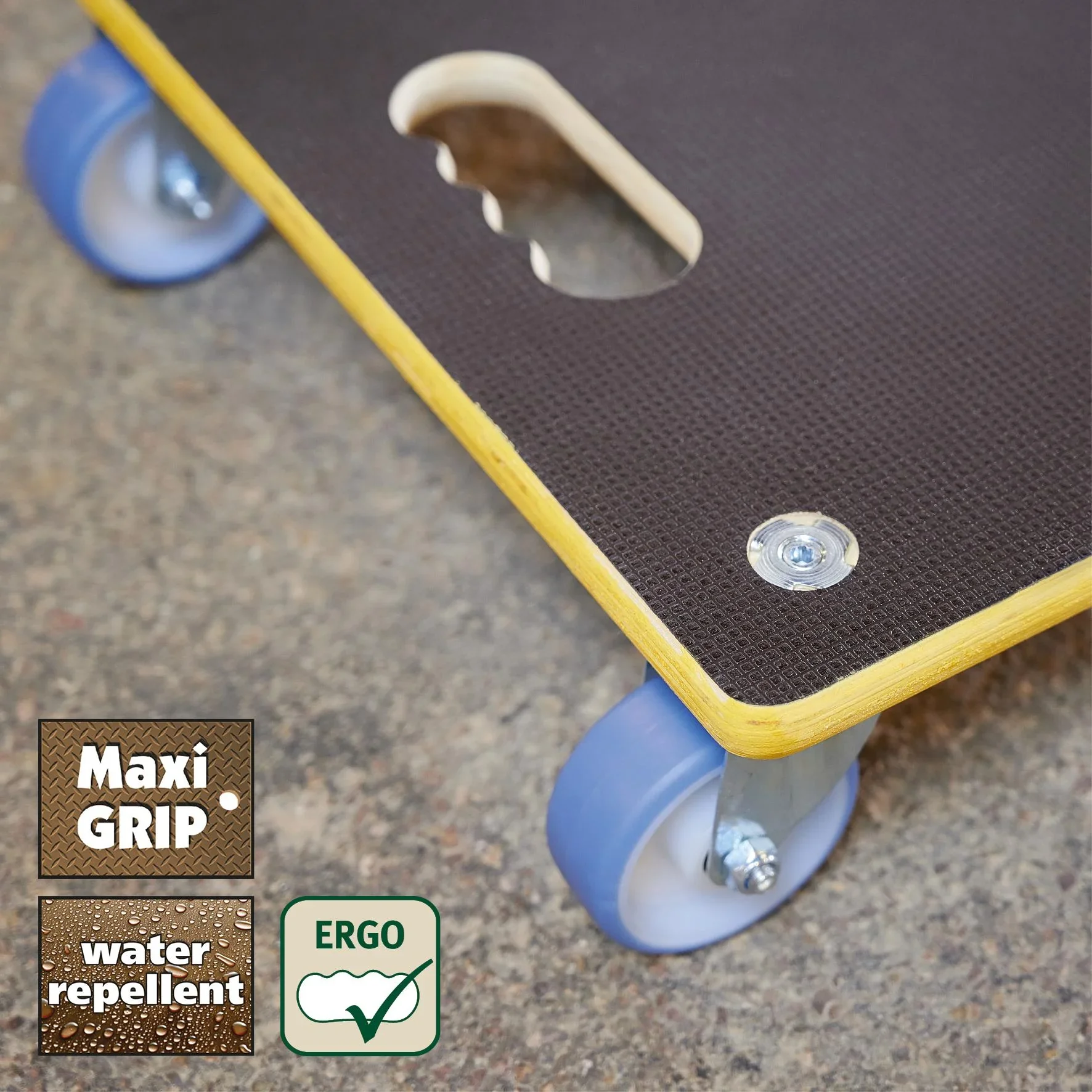 Transporthilfe MM 1340, 38 x 38 x 11 cm, harte Rollen Ø 100 mm, Rollenlager, Platte Maxigrip FSC®, Tragkraft 300 kg - 6