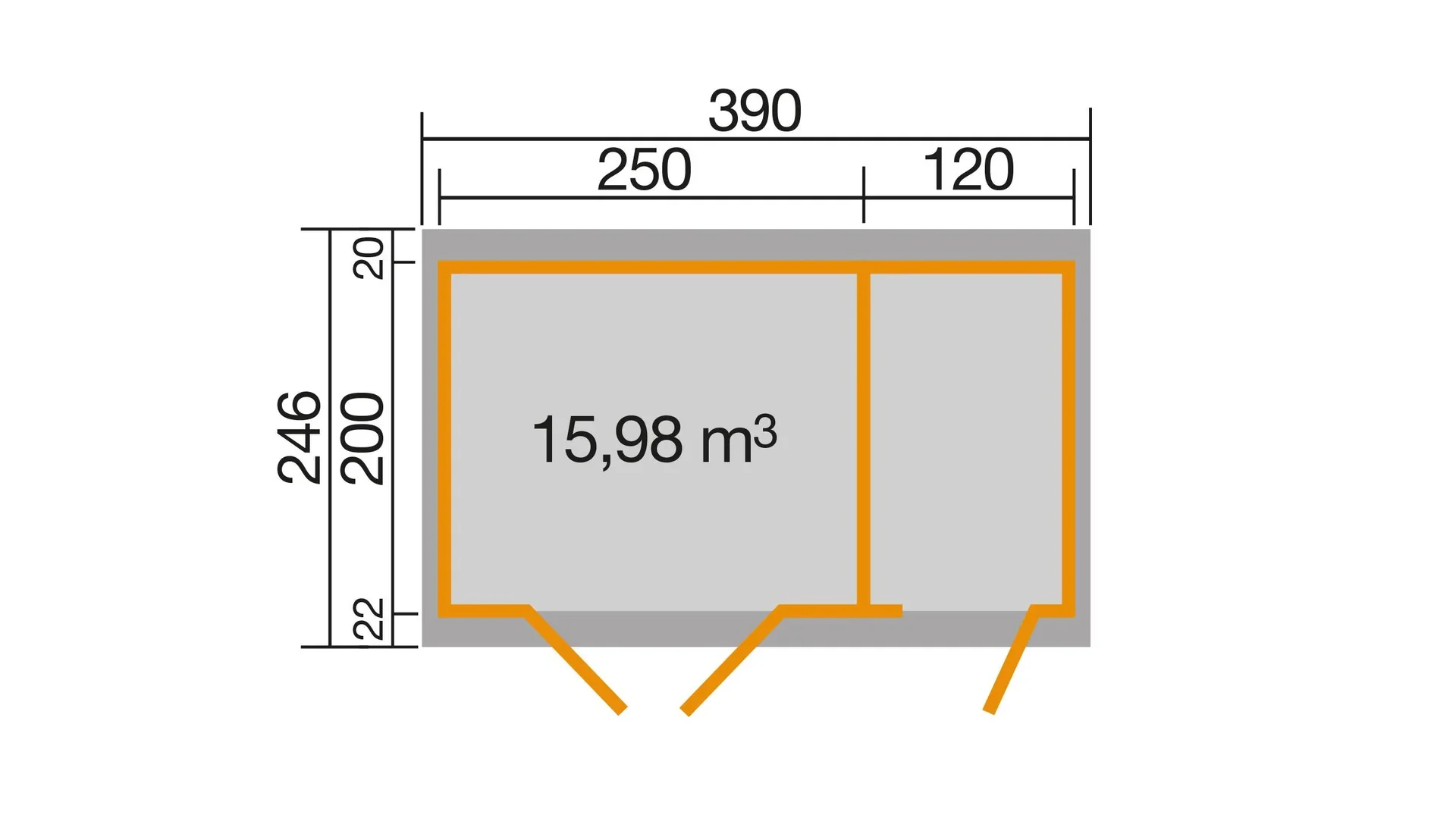 Gartenhaus 254 Gr.1, 394 x 246 x 222 cm Wandstärke 28 mm, Doppeltür, mit 2. Raum Einzeltür - 0