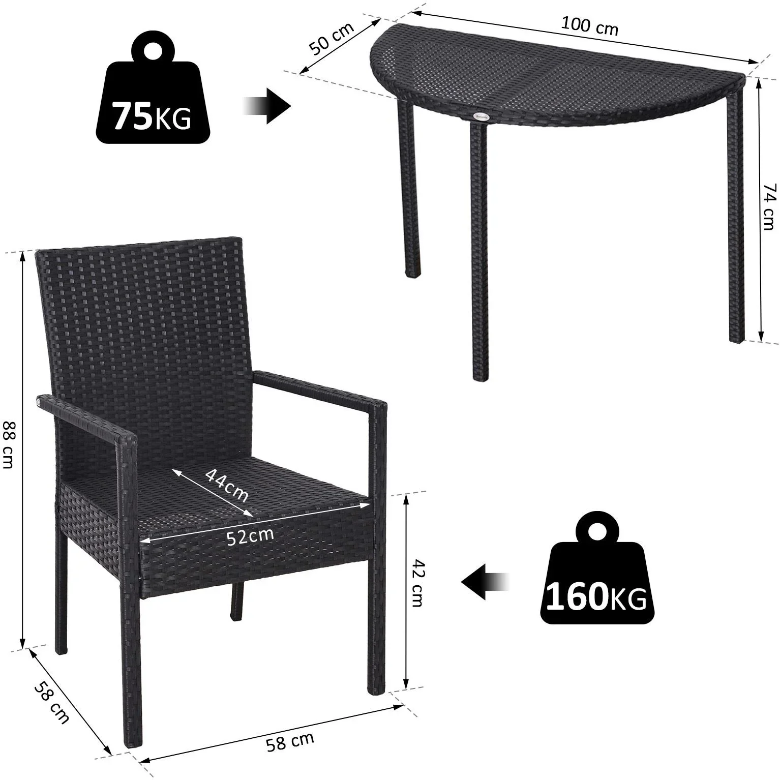 Gartensitzgruppe 3-tlg, Polyrattan Gartenset Rattanmöbel für Balkone Schwarz mit Sitzkissen - 3