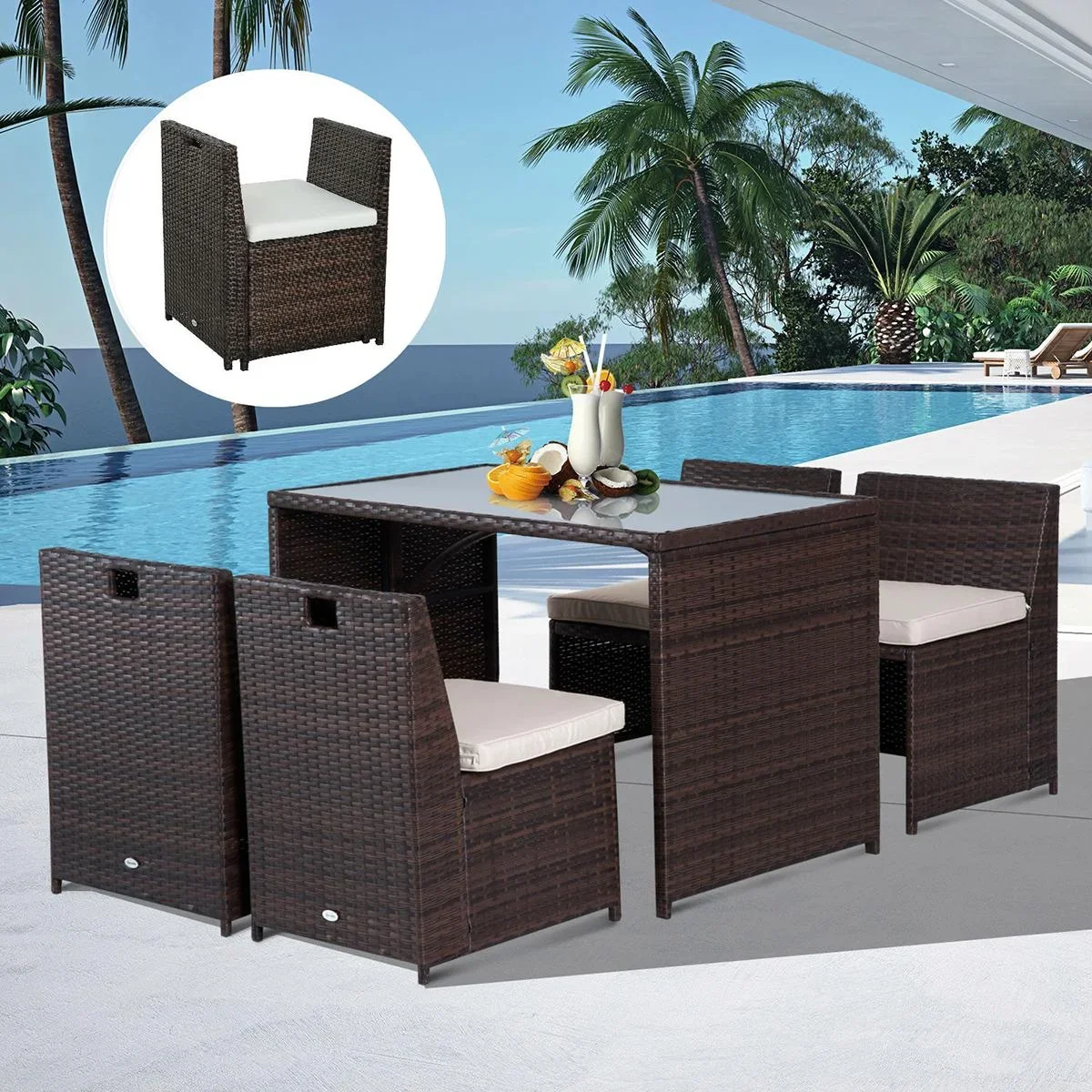 Polyrattan Garnitur als 5-teiliges Set braun/cremeweiß - 4