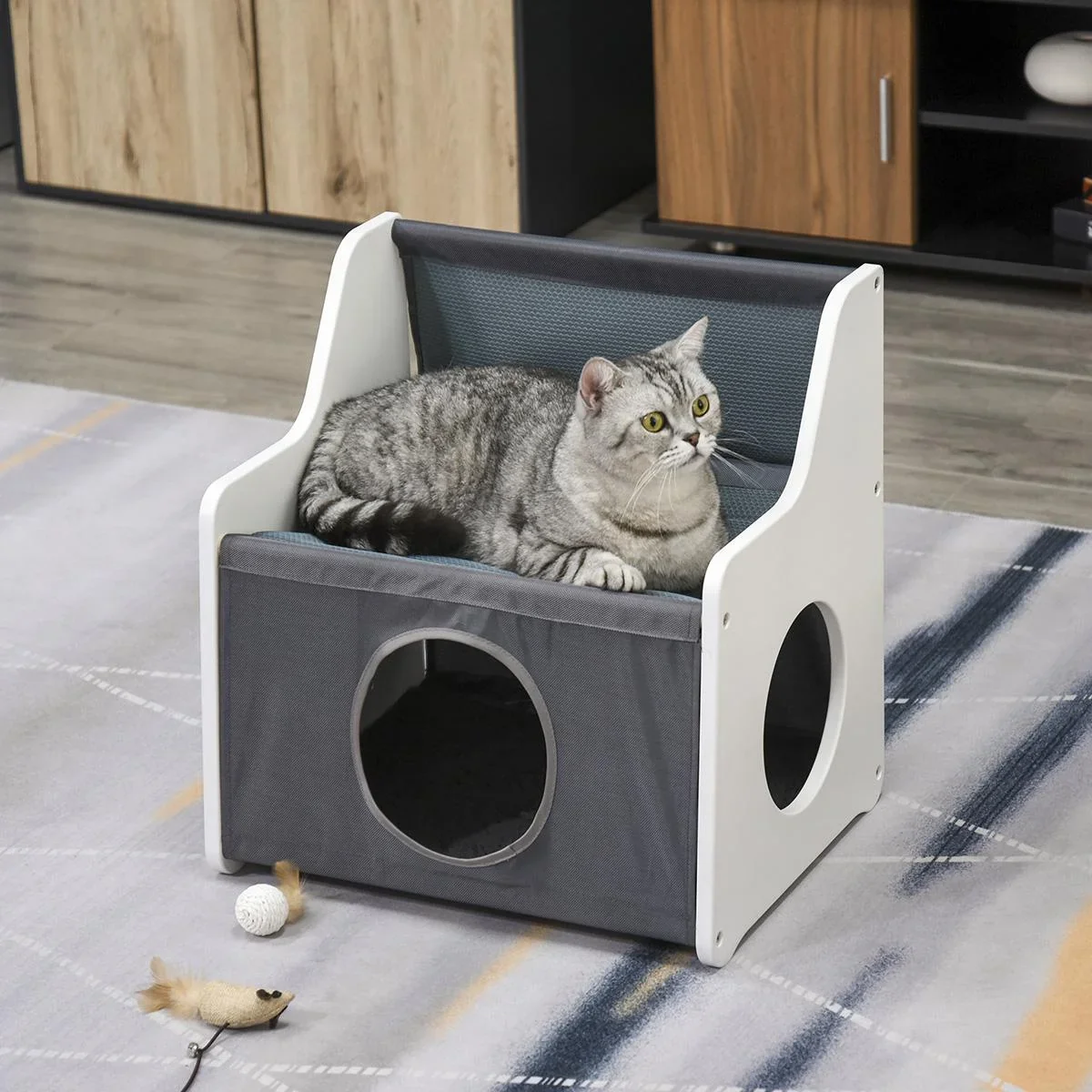 Katzenhaus mit Terrasse 2-lagiges warmes Katzenbett Kuschelhöhle zum schlafen für Katzen, Oxford-Stoff, Weiß+Grau, 48x37 - 0