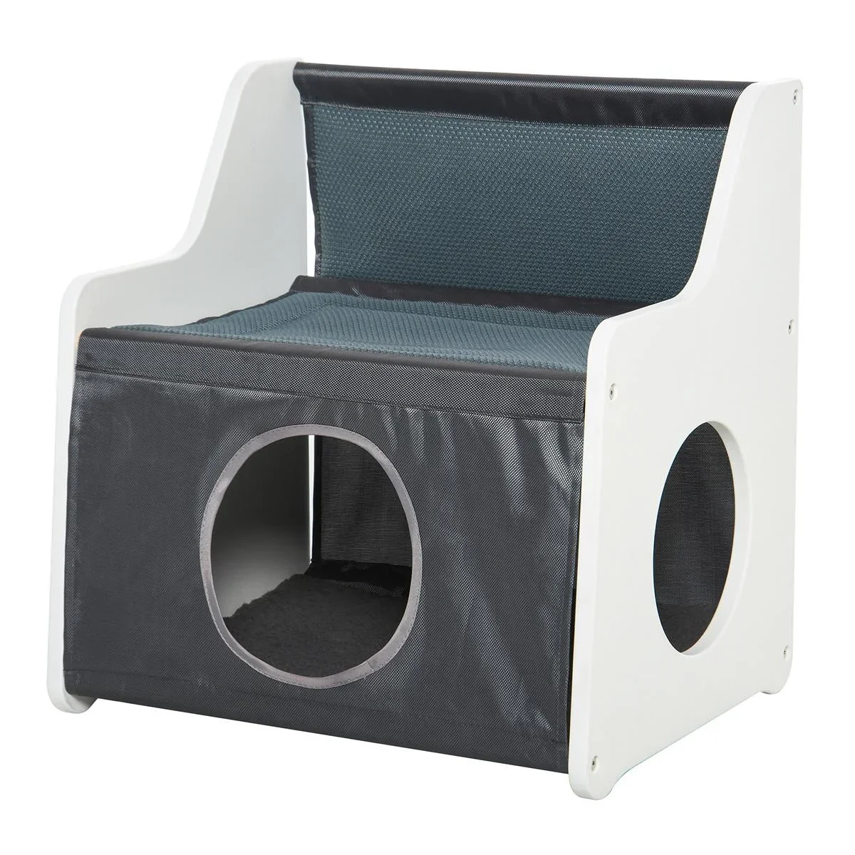 Katzenhaus mit Terrasse 2-lagiges warmes Katzenbett Kuschelhöhle zum schlafen für Katzen, Oxford-Stoff, Weiß+Grau, 48x37 - 1