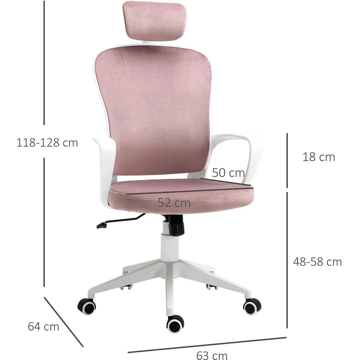 Bürostuhl ergonomisch - Samt Polyester - Rosa - 63 x 64 x 118-128 cm - 2