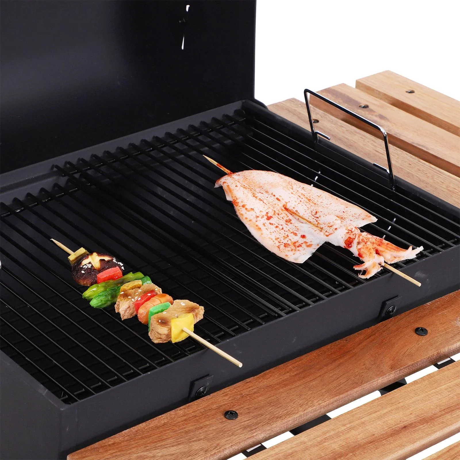 Kohlegrill Grillwagen Grillstation Standgrill mit Thermometer 3 x Ablage Edelstahl Schwarz - 4