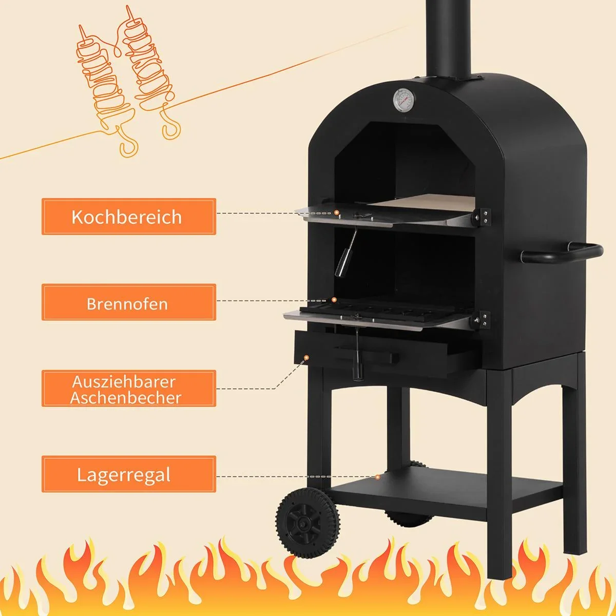 2-In-1 Pizzaofen Outdoor mit Rollen 3-Tier Holzbackofen für BBQ Stahl Schwarz+Silber 63 x 54 x 161 cm - 0