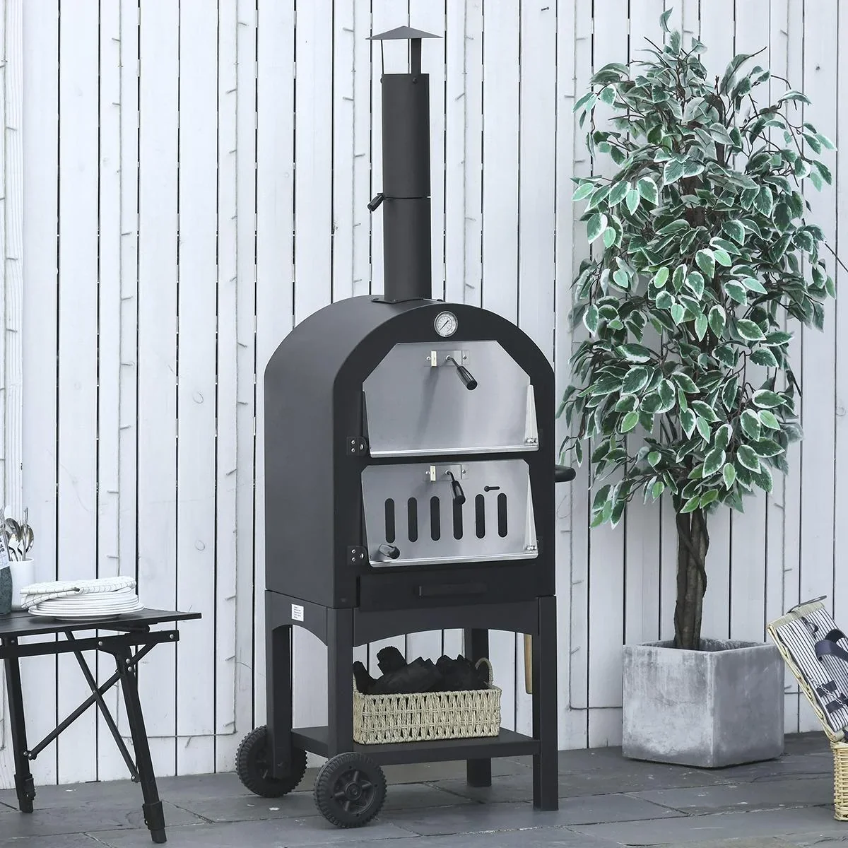 2-In-1 Pizzaofen Outdoor mit Rollen 3-Tier Holzbackofen für BBQ Stahl Schwarz+Silber 63 x 54 x 161 cm - 1