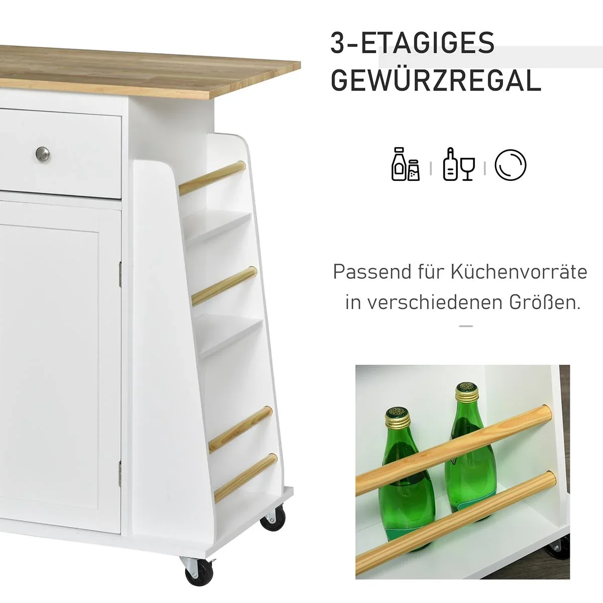 Küchenwagen mit Rollen, Servierwagen mit Gewürzregal, Küchenhilfe, P2 MDF, Gummiholz, Weiß+Natur, 89 x 45 x 89,5 cm - 2