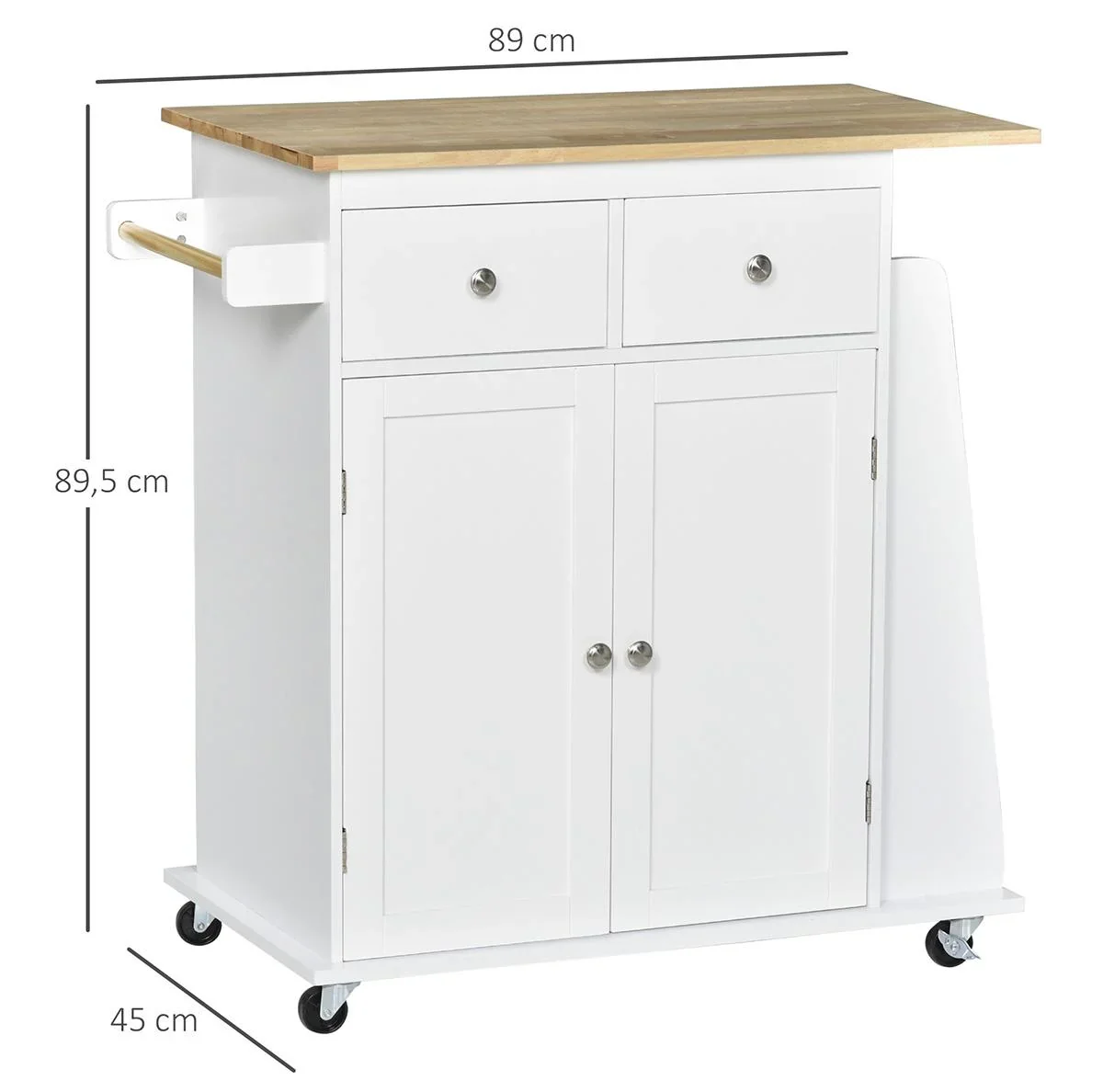 Küchenwagen mit Rollen, Servierwagen mit Gewürzregal, Küchenhilfe, P2 MDF, Gummiholz, Weiß+Natur, 89 x 45 x 89,5 cm - 3