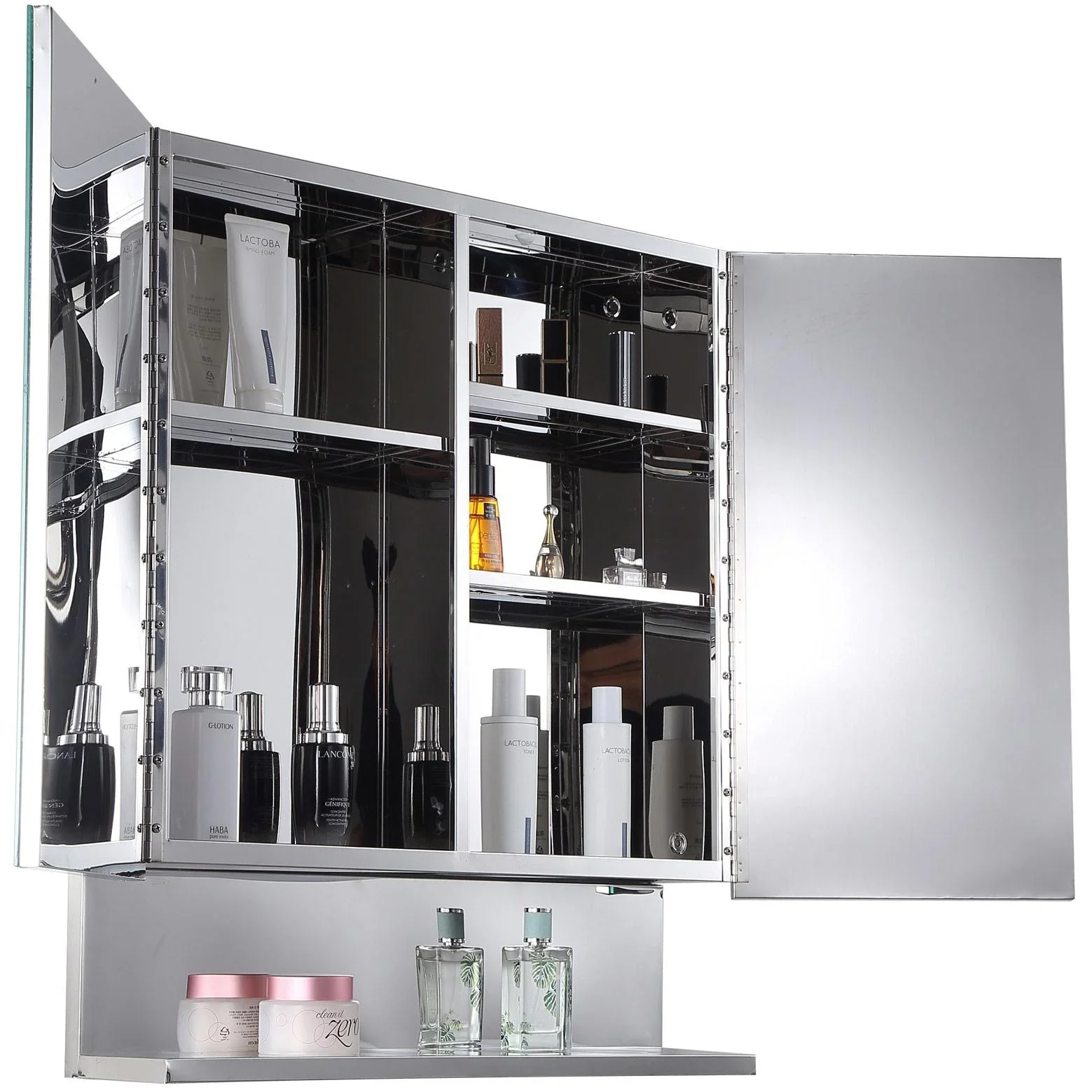 Spiegelschrank Glasschrank mit Haken Badezimmerschrank Wandmontage Edelstahl Silber B60 x H70 x T13 cm - 1