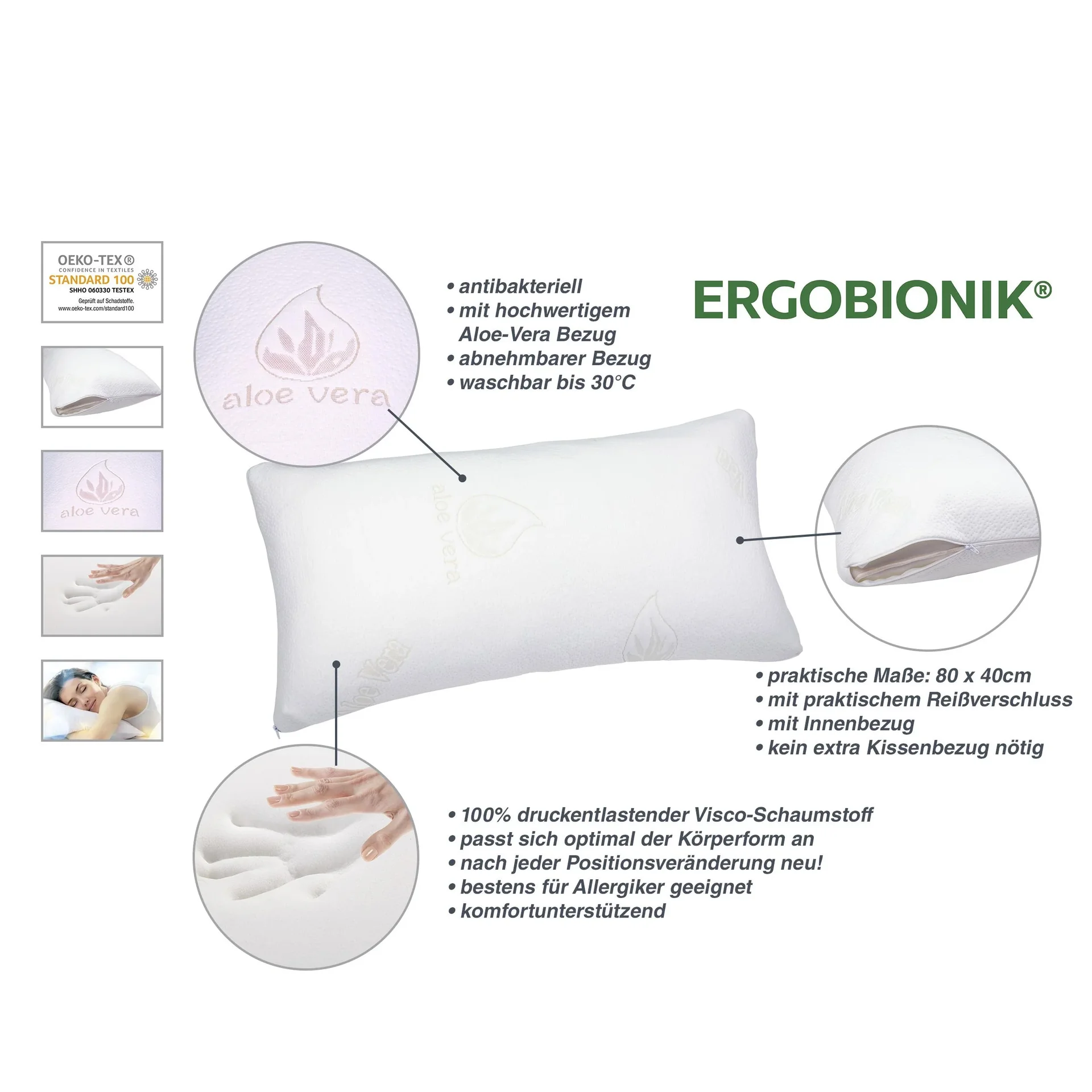 Memory Foam Kissen Aloe Vera, 80x40cm - 0