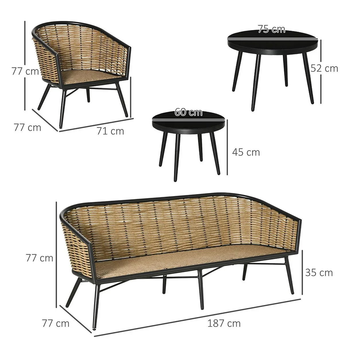 Fünfteilige Sofagarnitur in Rattanoptik mit zwei Beistelltischen, grau+natur+schwarz - 2