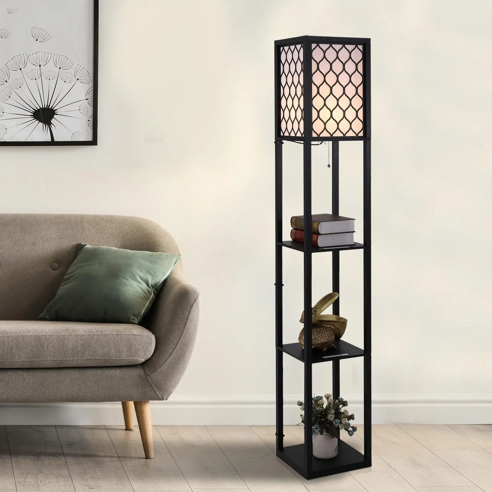 Stehleuchte Stehlampe mit Regalen Innenbeleuchte E27 bis 40W Holz Schwarz 26 x 26 x 160 cm - 2